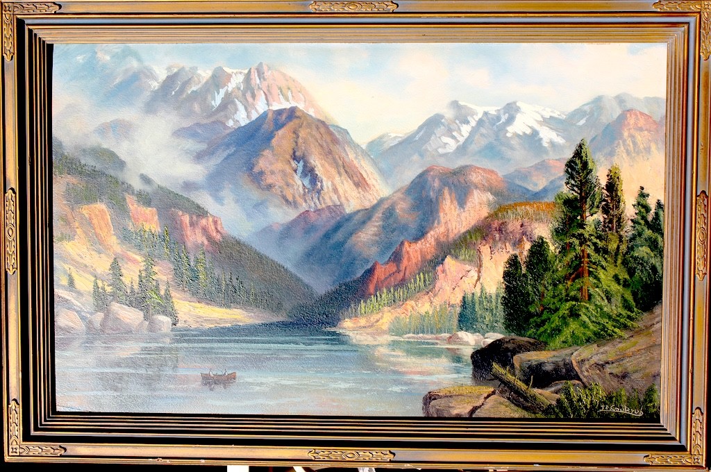 Large Idyllic Rocky Mountain Oil/board Painting early 20th C.Signed J.A.COULTRUP