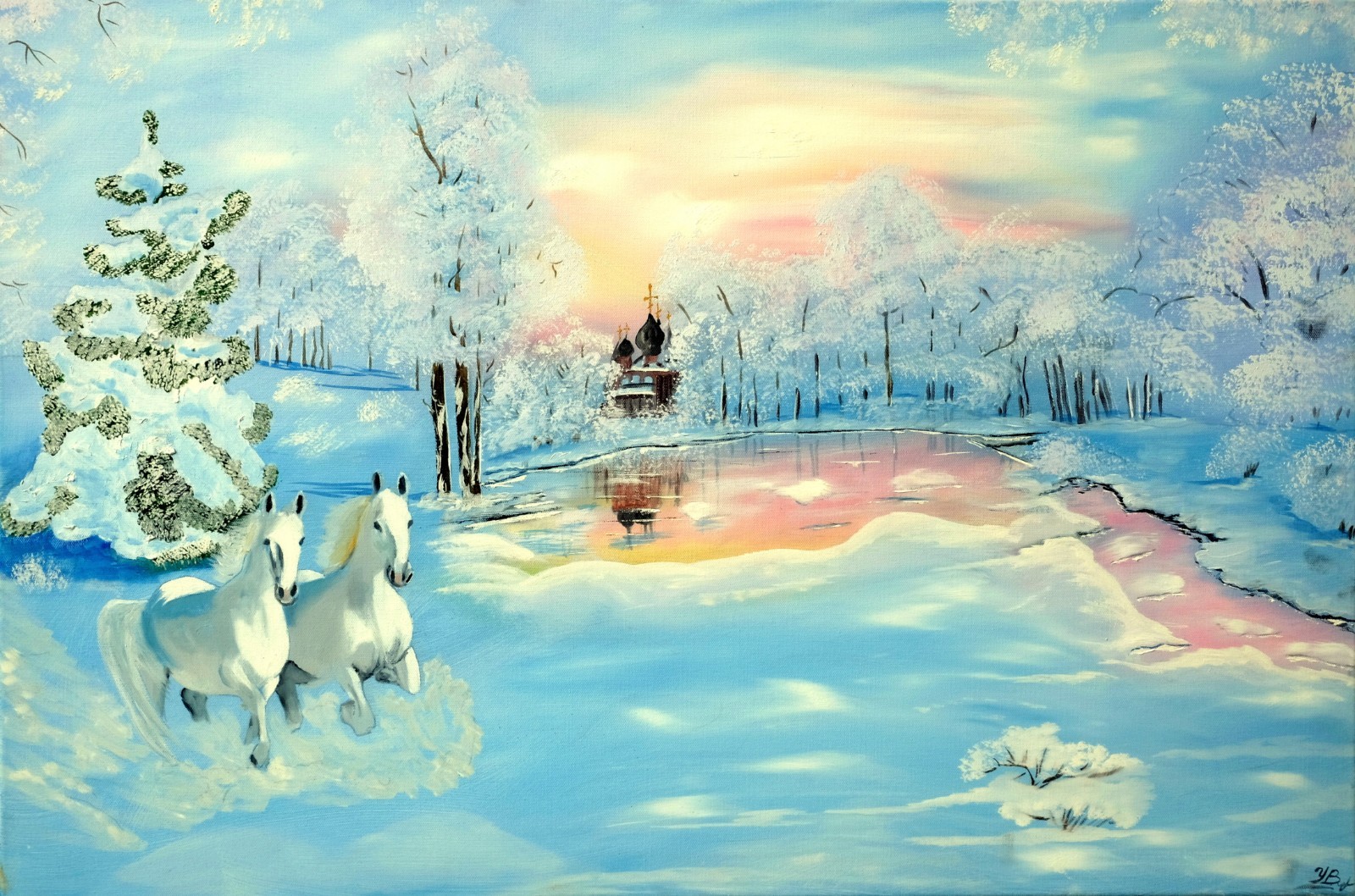 Art, Painting ,»White Horses in The Snow» Giclee on Canvas 22 x 33 Yelena Berzon