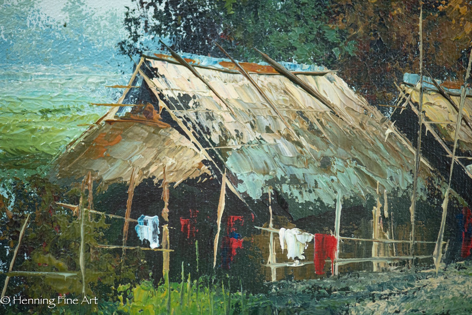 Vintage Impressionist Oil Painting Asian River Village Signed Sutin 16×22″