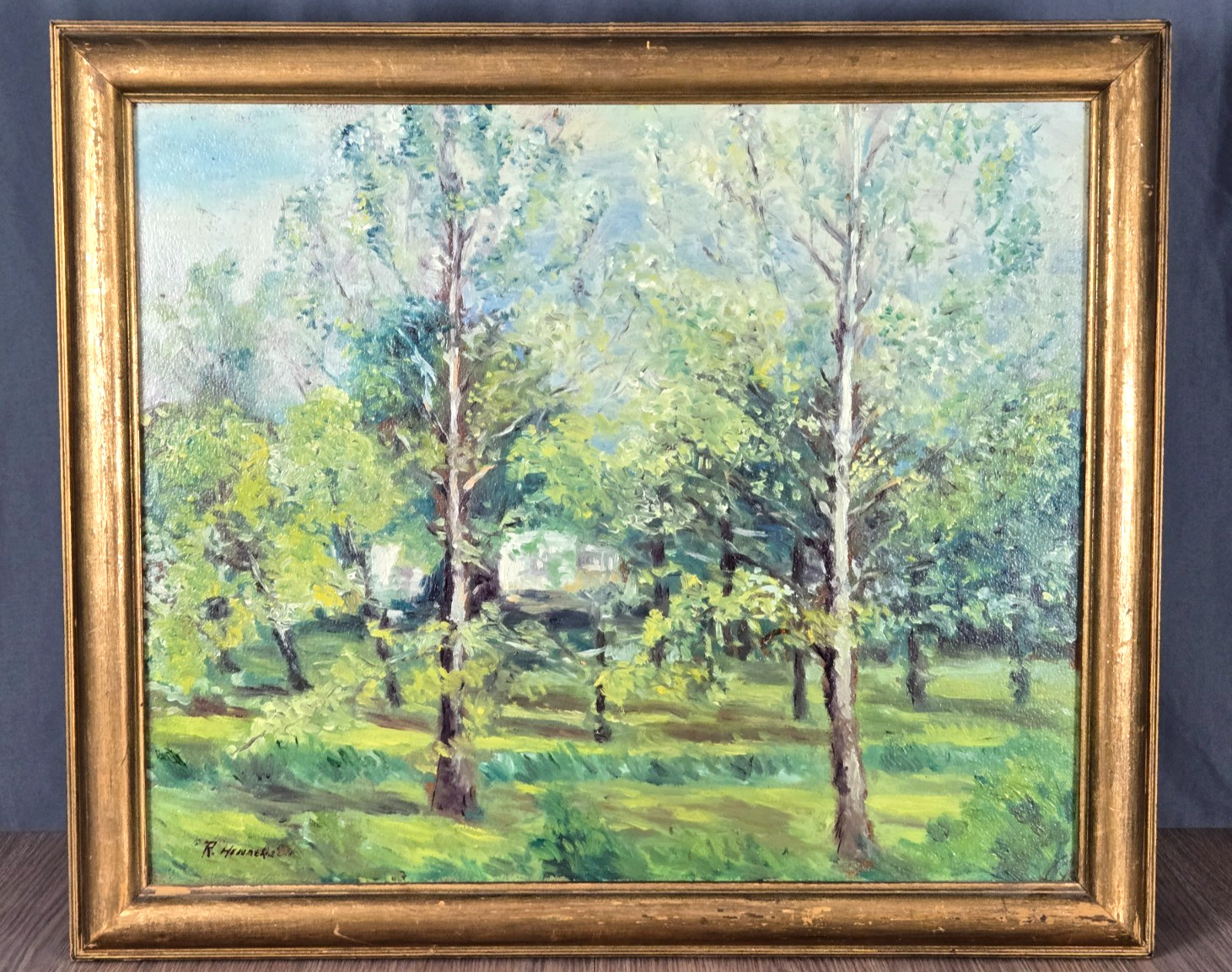 R. Henderson signed original Spring landscape w building painting, Impressionism