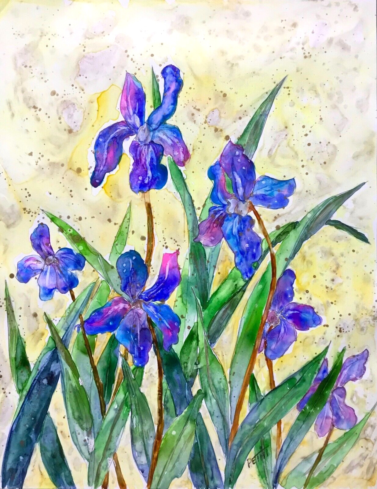 Colorful Iris and Leaves, Purple Flowers, Watercolor Original, IMPRESSIONISM