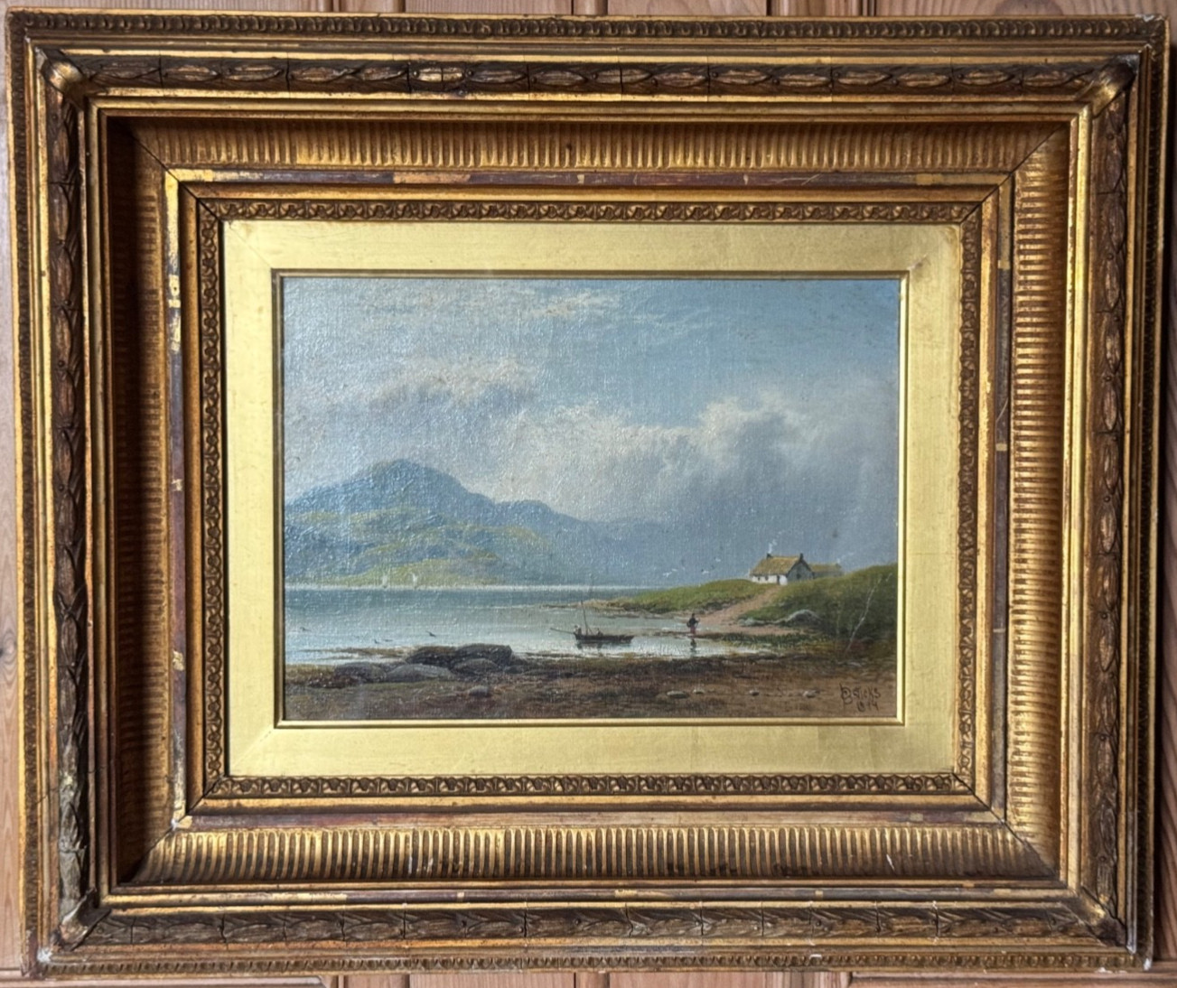 Antique Oil Painting Scottish Landscape Loch Fyne By George Blackie Sticks