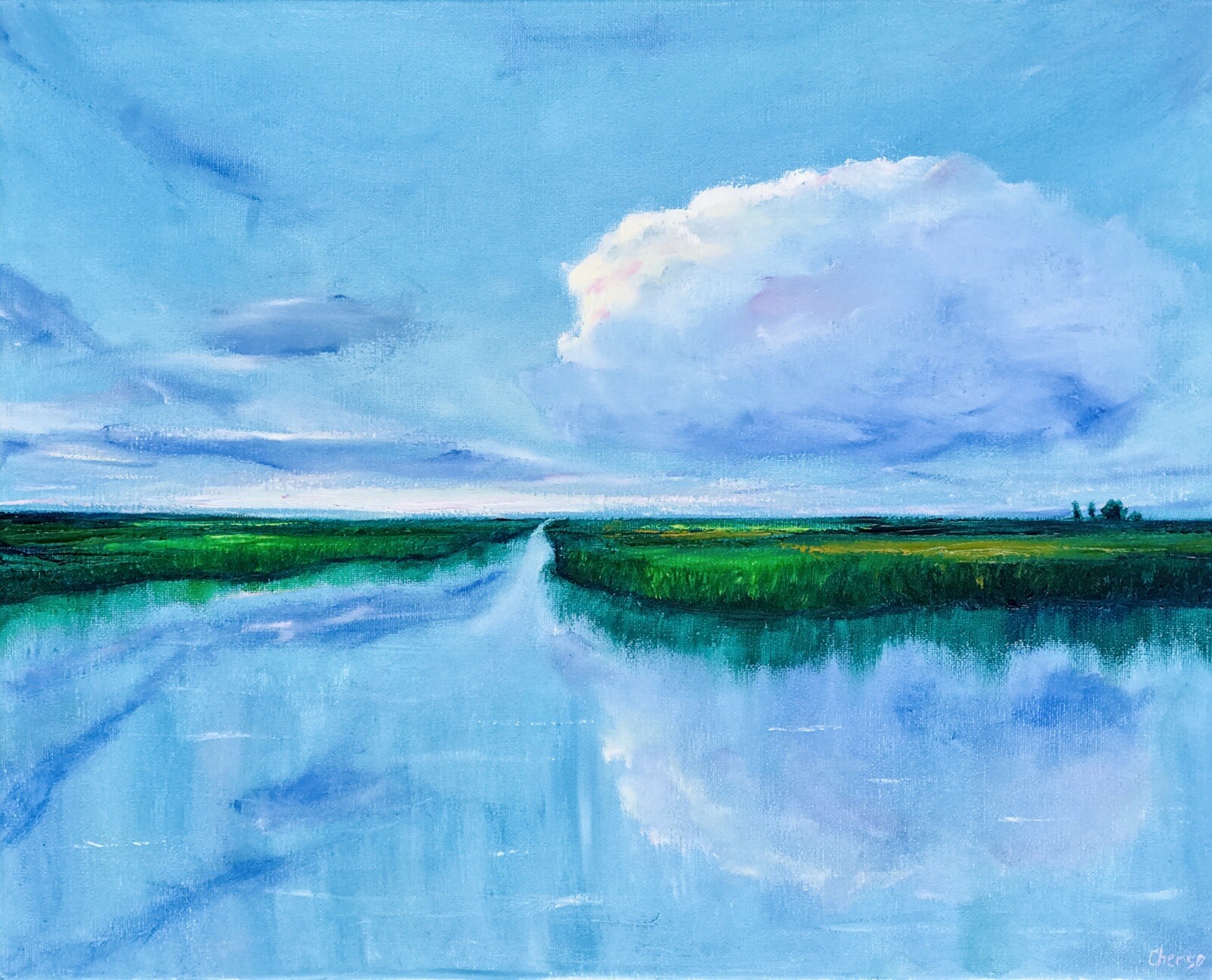 Tuscany River Painting Original Canvas Art Skyscape Italy Painting Artwork