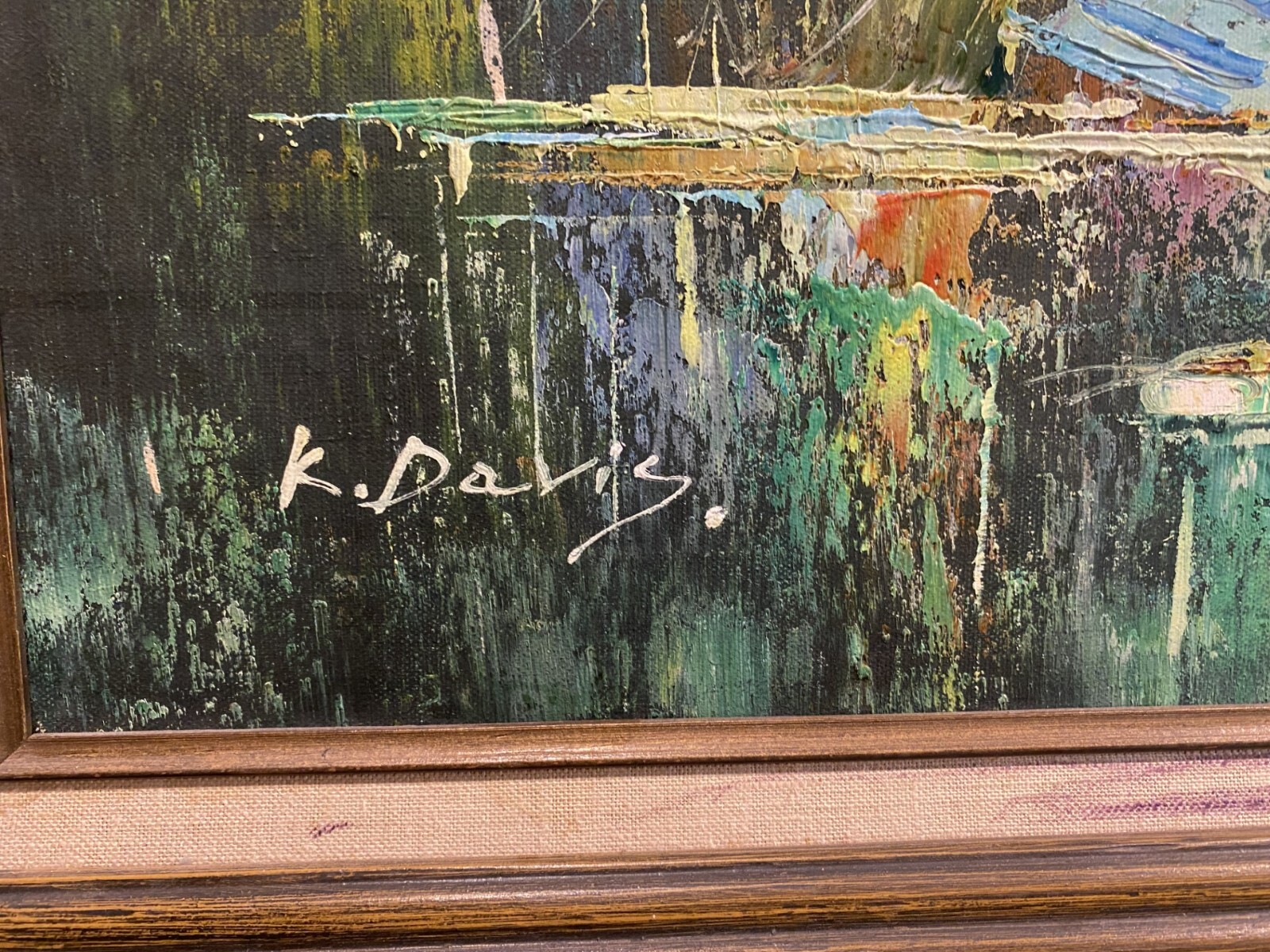 NORTHERN LIGHTS, BOATS IN PORT by K. DAVIS, ORIGINAL ON CANVAS, FRAMED