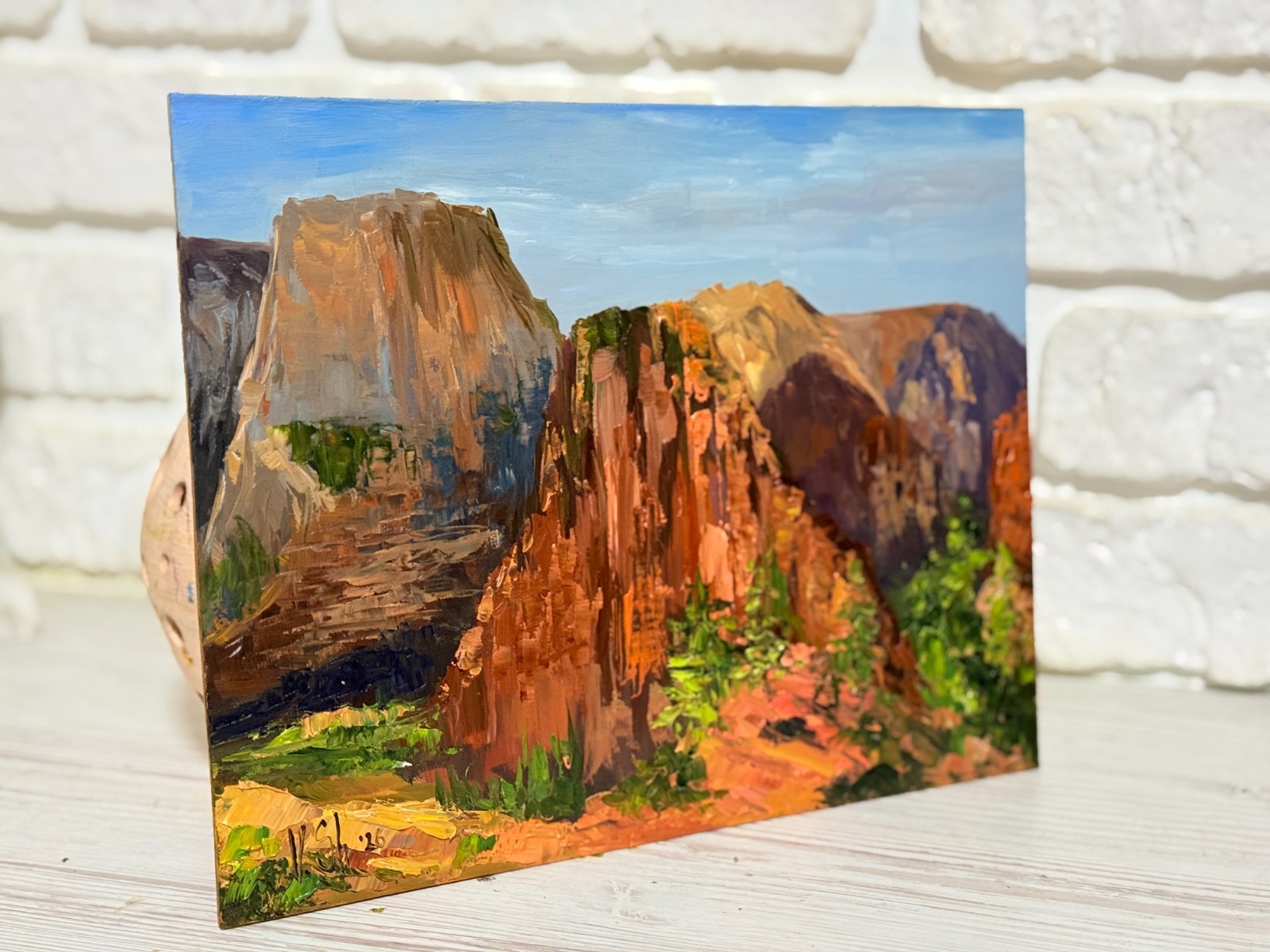 Landscape Mountains Zion National Park Original Oil Painting Impasto 8×10 in
