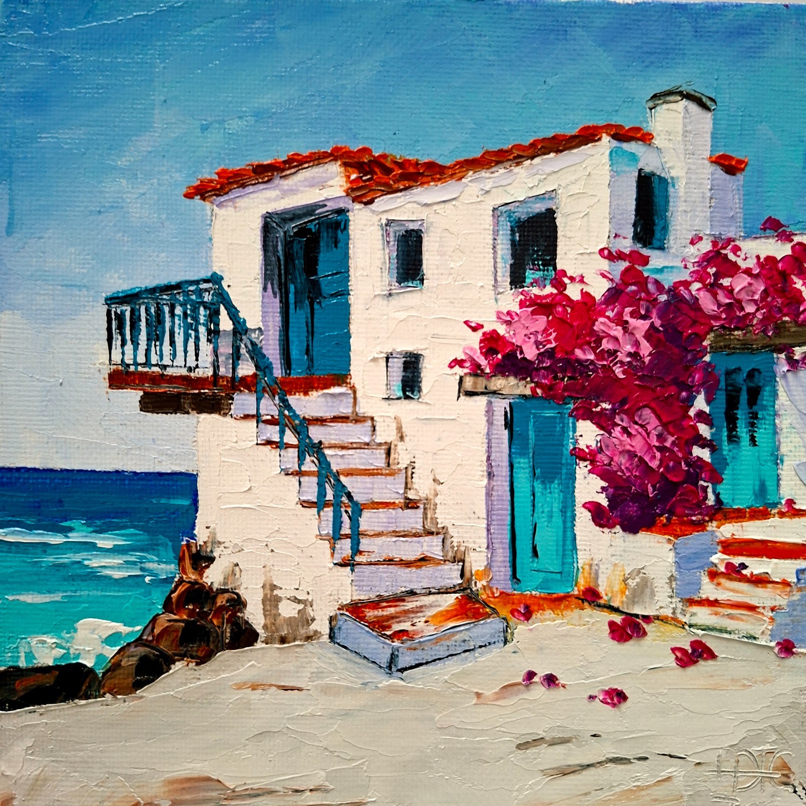 Santorini Original Oil Painting Greek House on the Coast with Bougainvillea 6х6