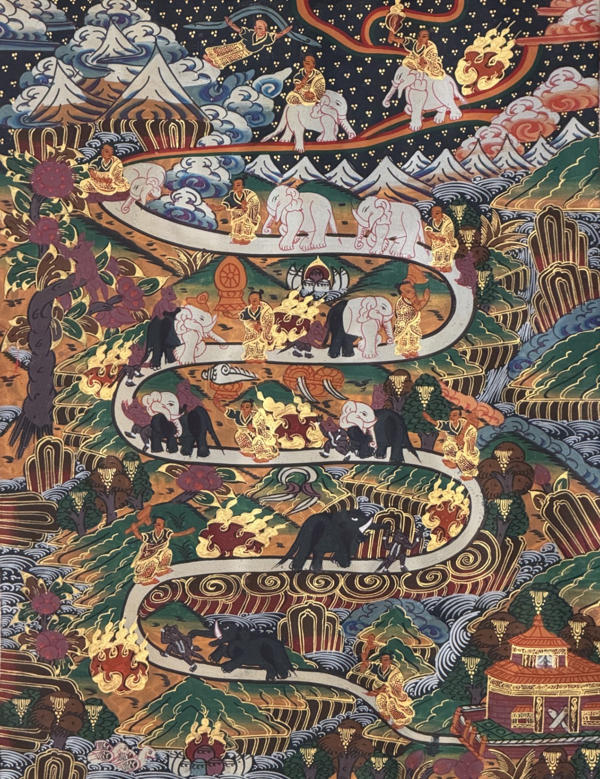 SAMATHA MEDITATION/ WAY TO HEAVEN ORIGINAL TIBETAN THANGKA PAINTING SILK FRAMED