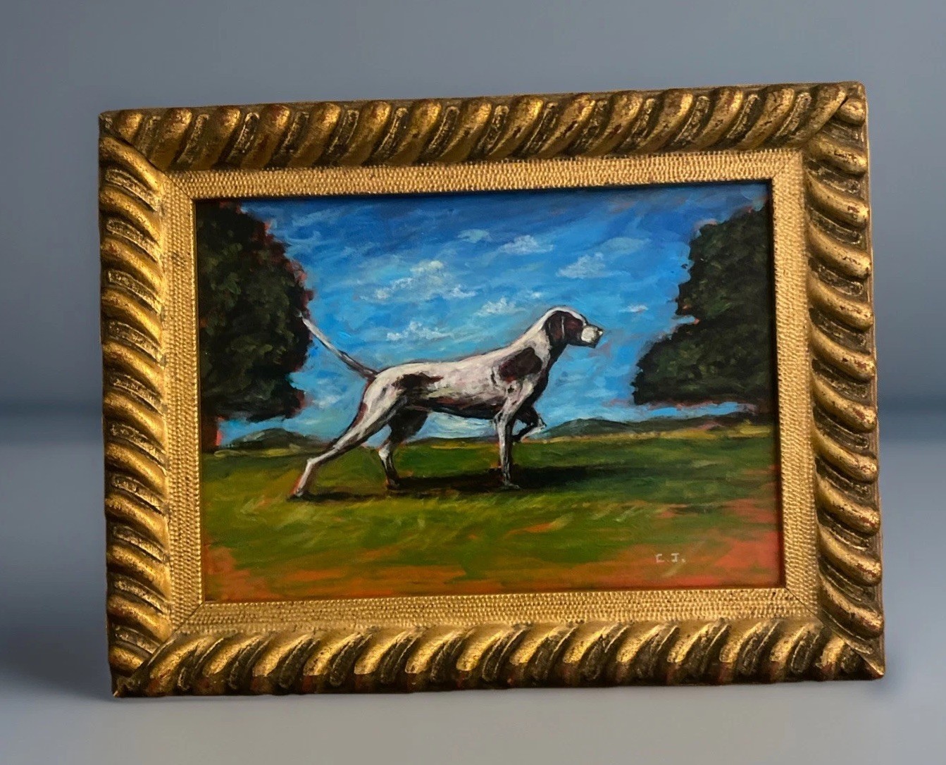 Vntg Original Painting Pointer Hunting Dog in Landscape Small 9” X 7” Free Ship!