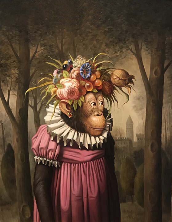 hand-painted Oil Painting Mkey,flowers Animal