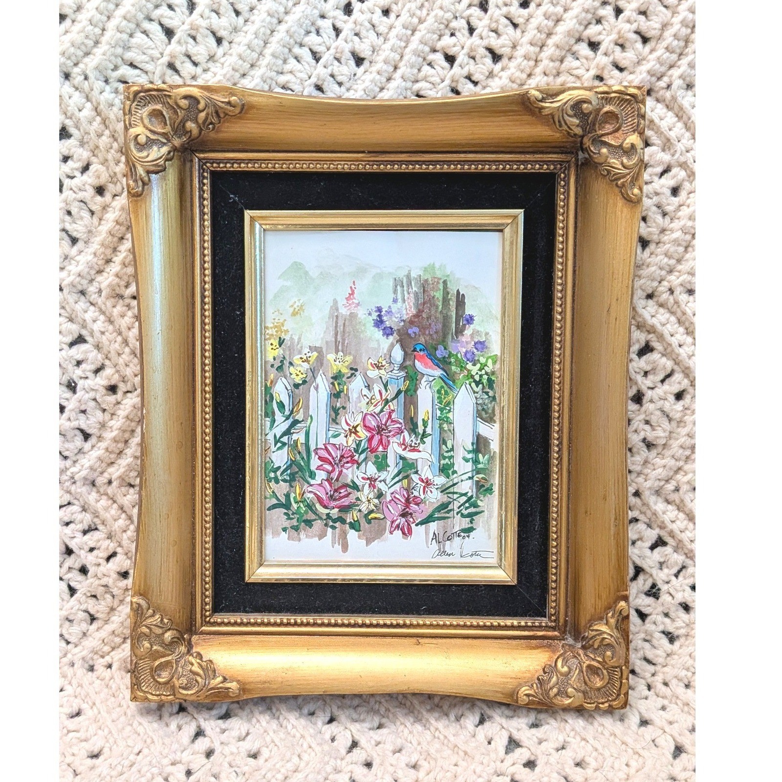 Signed Original Watercolor Painting Bluebird Garden in Ornate Vintage Gold Frame