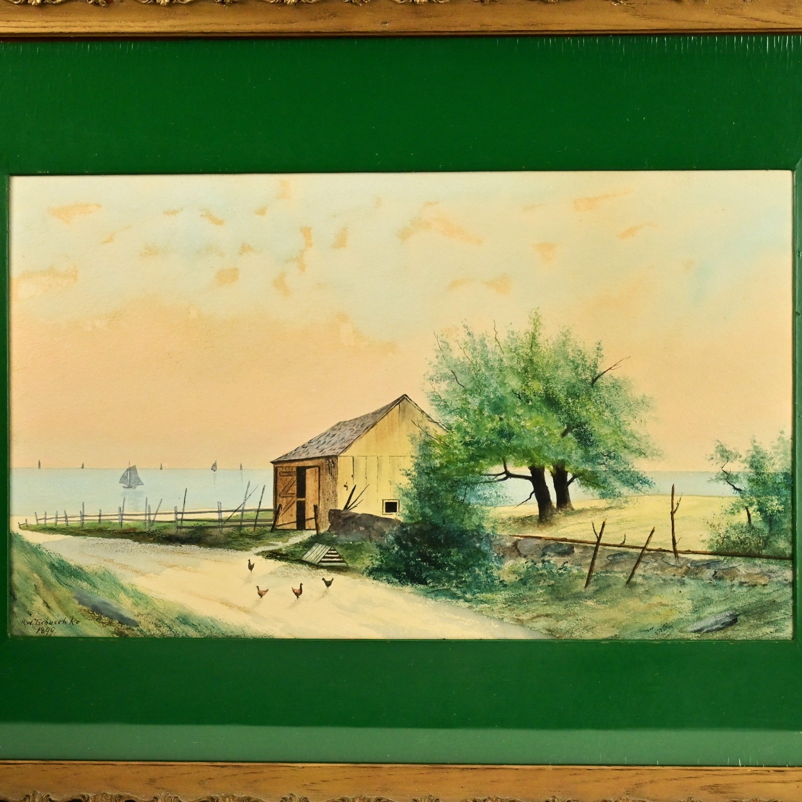 TSCHUSCHKE Original Vintage Signed 19thC House Barn Seascape Watercolor Painting