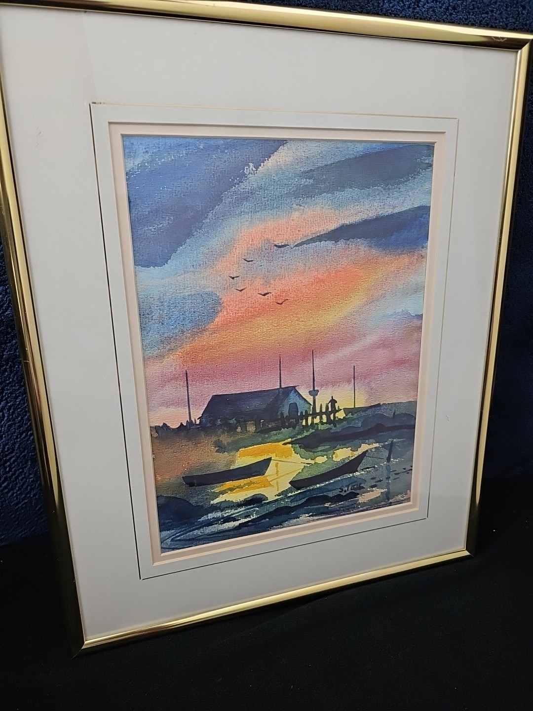 Vintage Watercolor Painting Sunset Ocean Fishing Boats Signed Art Framed 1972