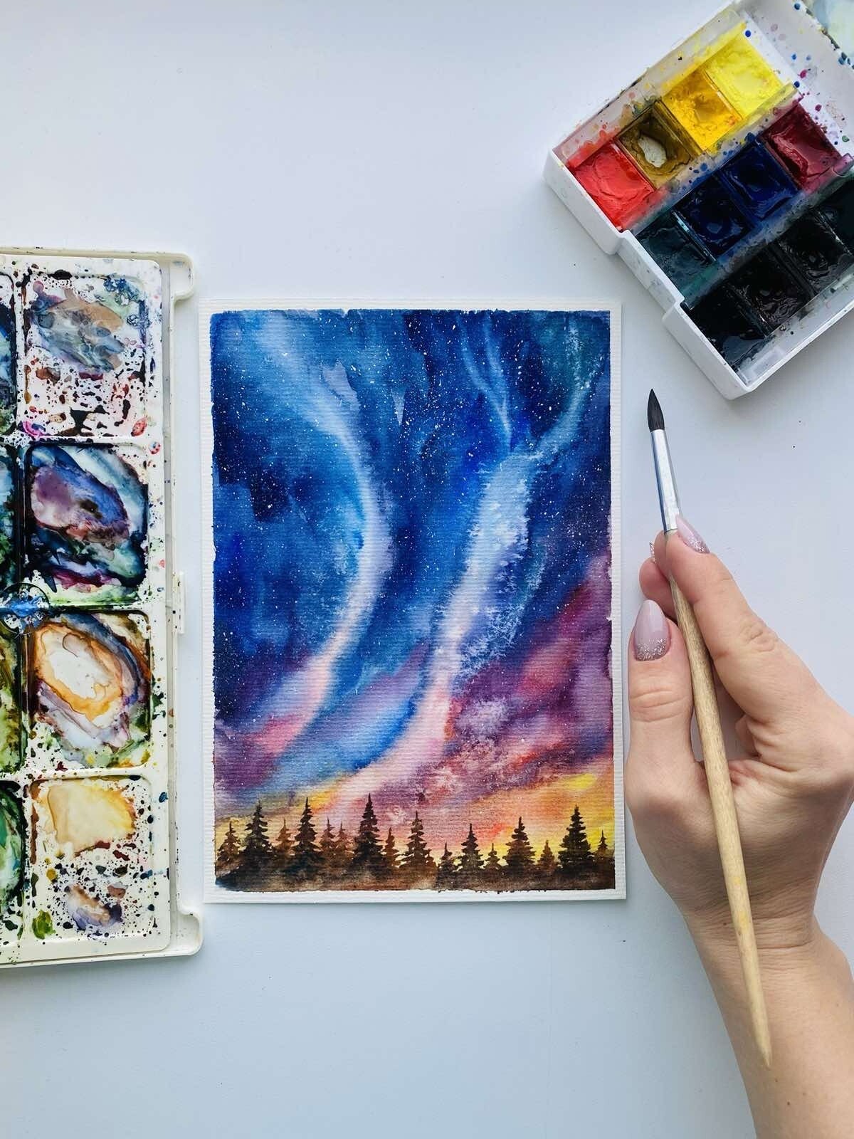 Original watercolor Art Aurora Borealis Painting Northern Lights Art Night Sky