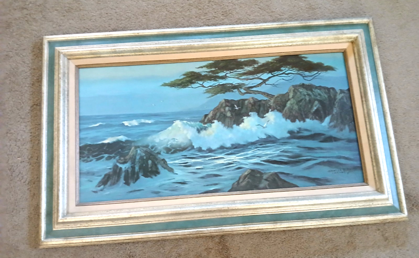 Authentic Signed Skerce 78 Wood Framed Carmel Surf Oil Canvas Painting 38″X24″