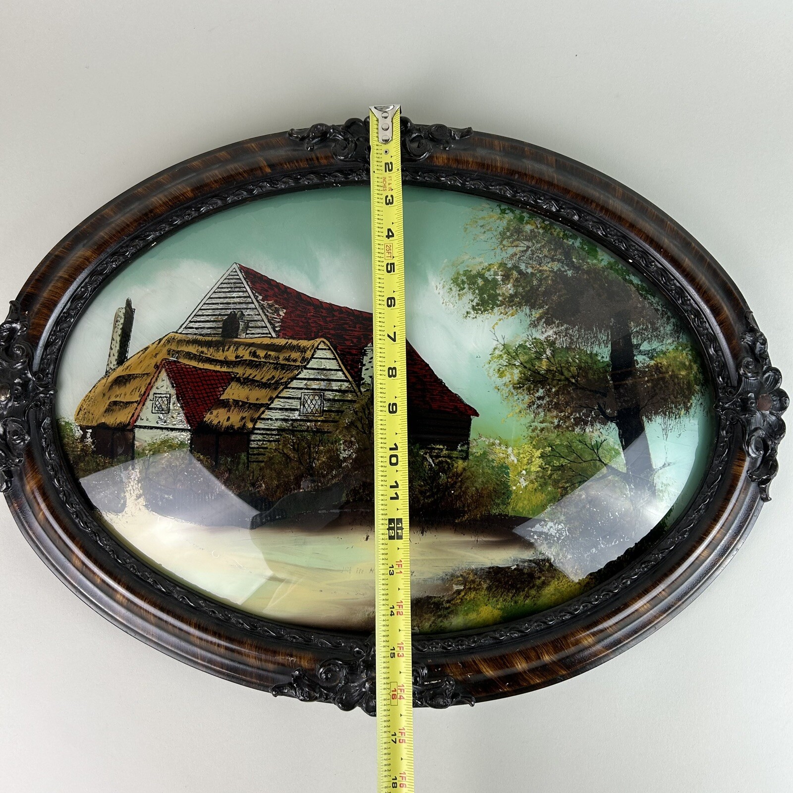 Antique Oval Wood Frame Reverse Painting Convex Farm New Jersey Bubble Glass VTG