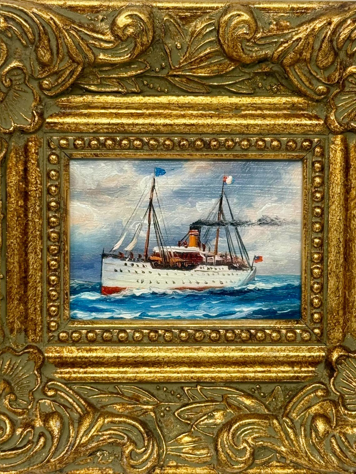 Vintage Mini Steamship Painting Gold Frame 8×7