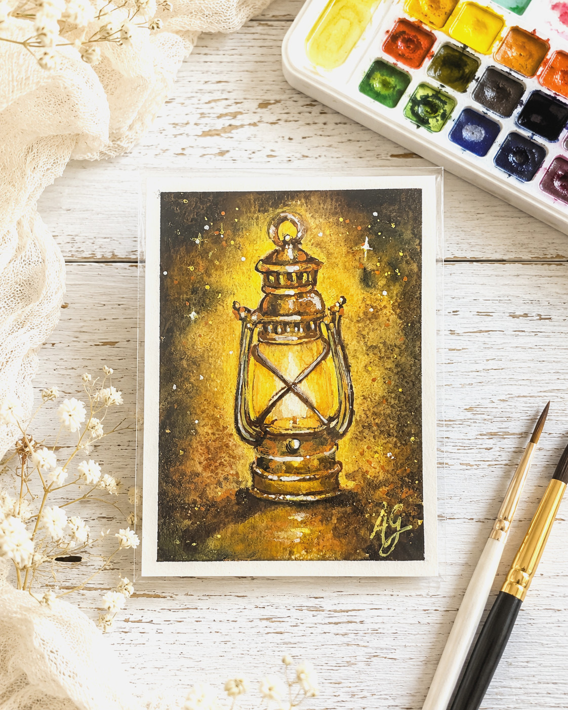 Original ACEO Christian Watercolor Art “A Lamp to My Feet” Lantern Faith OOAK