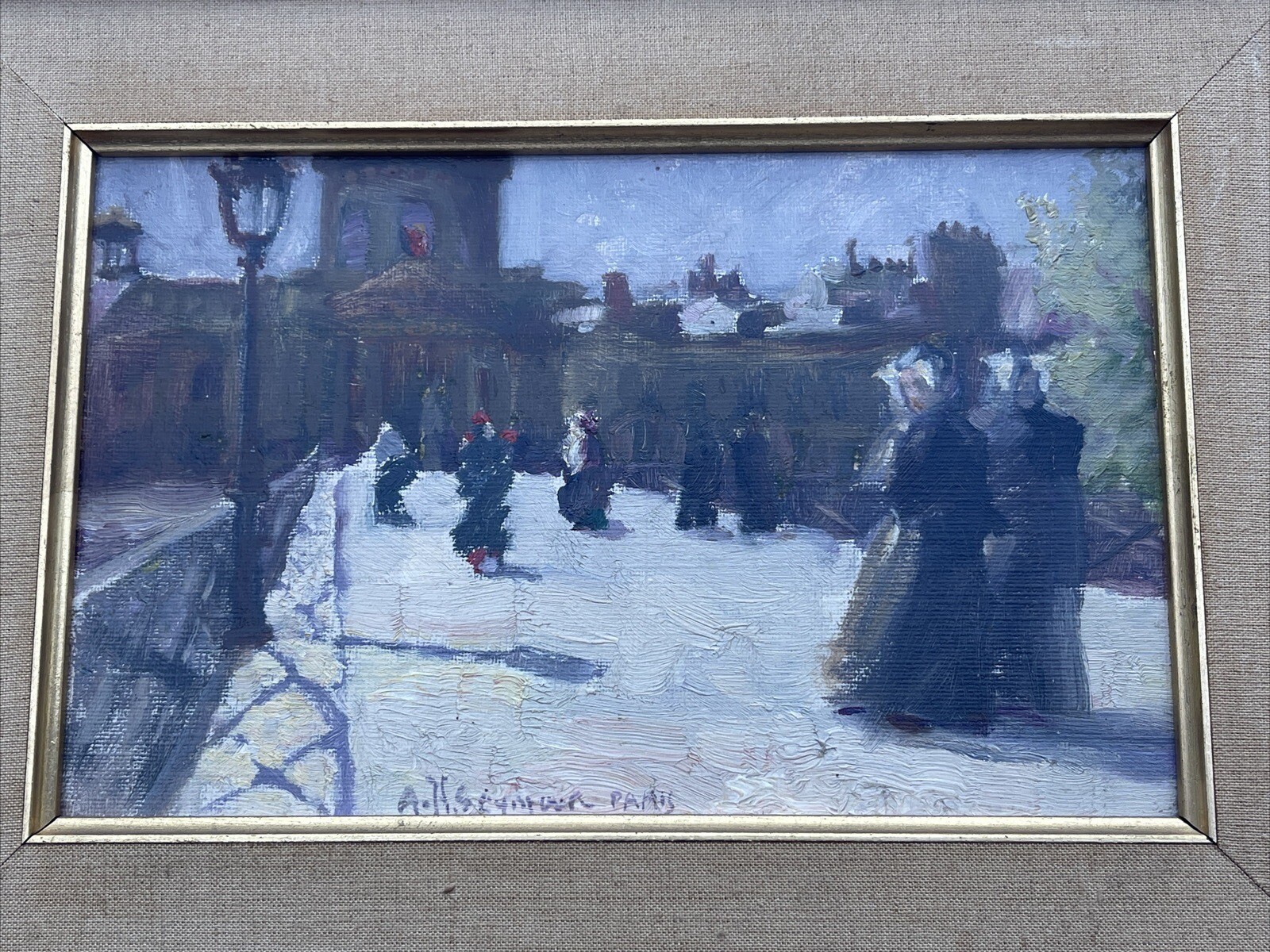 ANTIQUE IMPRESSIONIST PAINTING PARIS BRIDGE PEOPLE 1910’S LISTED RARE SEYMOUR