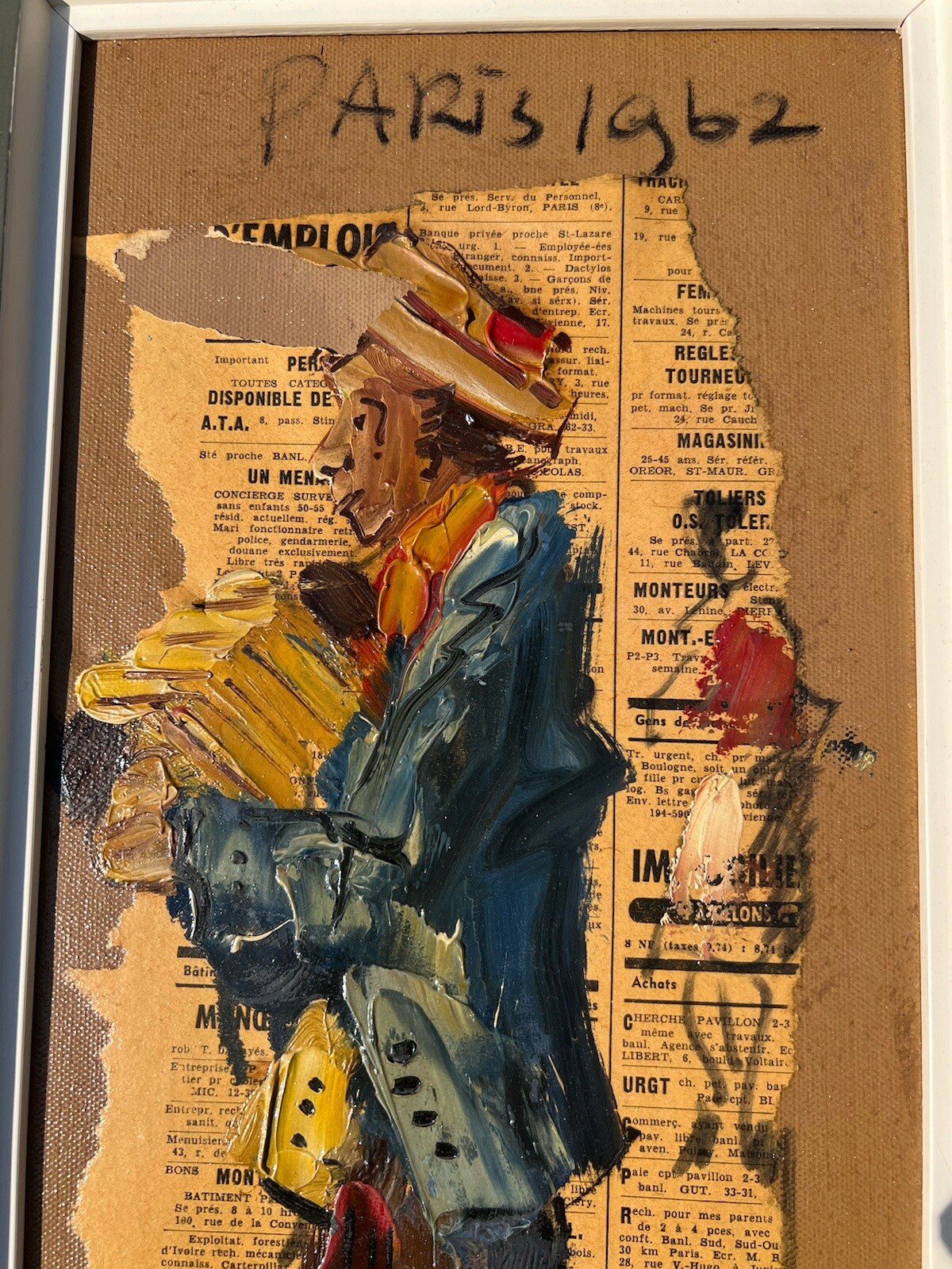 VTG 1962 Paris Jean Trenet Musician Figure Art Mix Media Oil Collage Canvas 19″