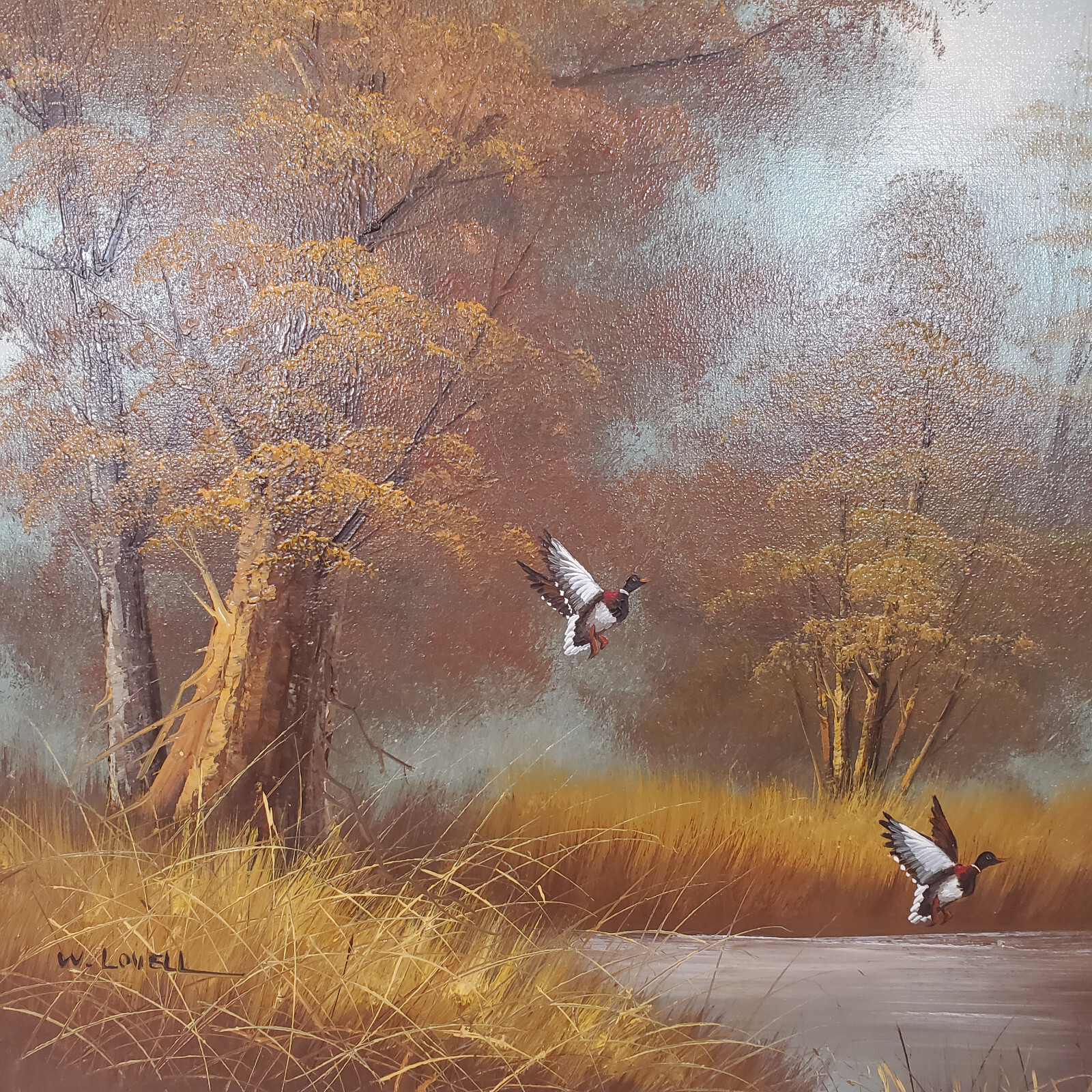 W. Lovell Signed Oil Canvas 24×20 Vtg Painting Ducks in Flight Landing Marsh