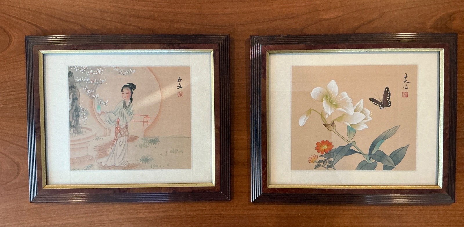 Vintage Chinese Hand Painted Paintings Framed Pair – Court Lady &Butterfly 12×10