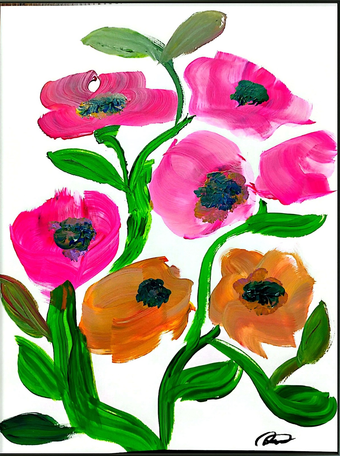 (FRAMED) Original art 14 X 11 Wild Flowers Mixed Media Abstract Expressionist