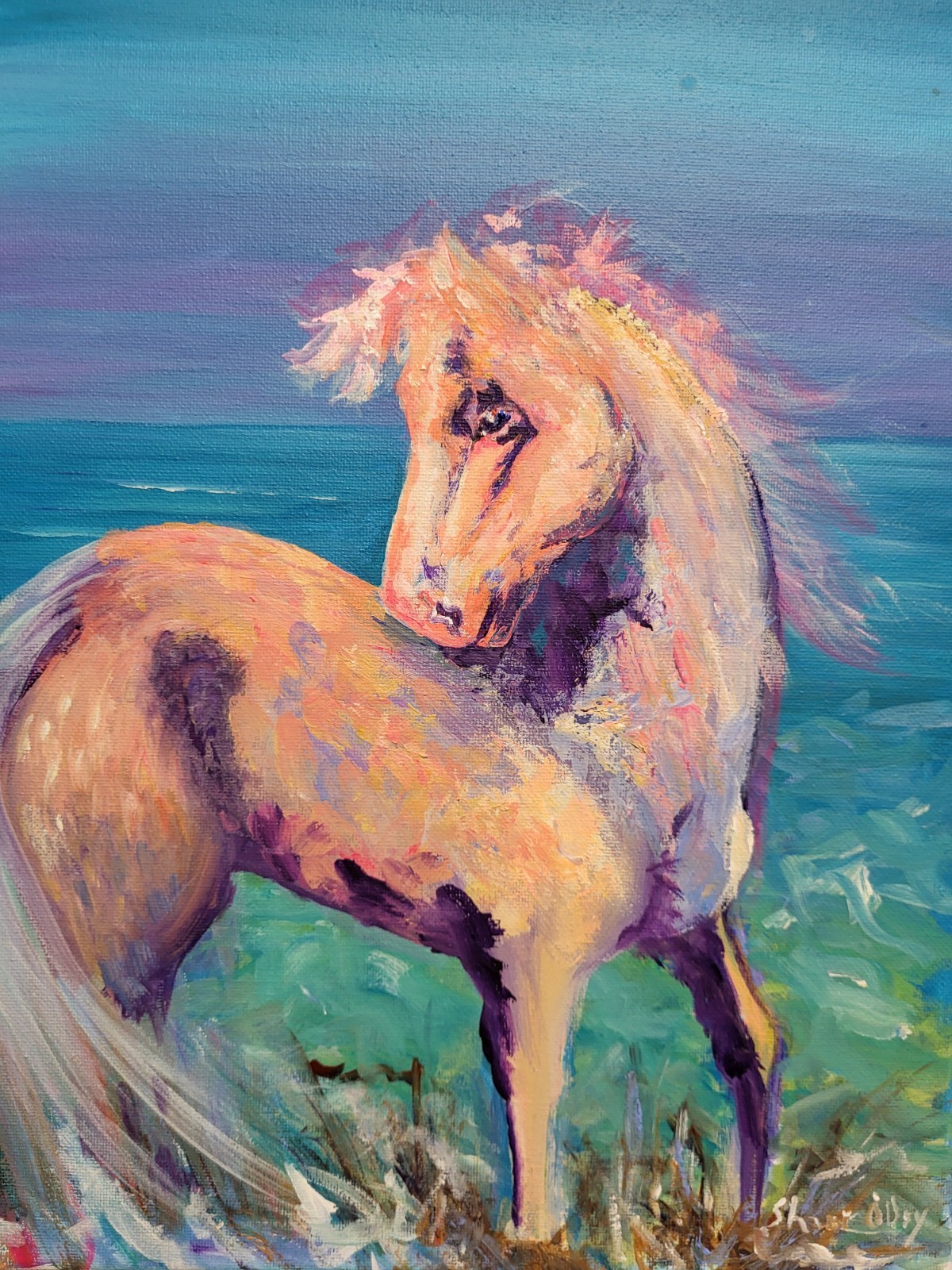 Original Modern Horse OnBeach Acrylic Painting 14 X 11 Hand Painted signed