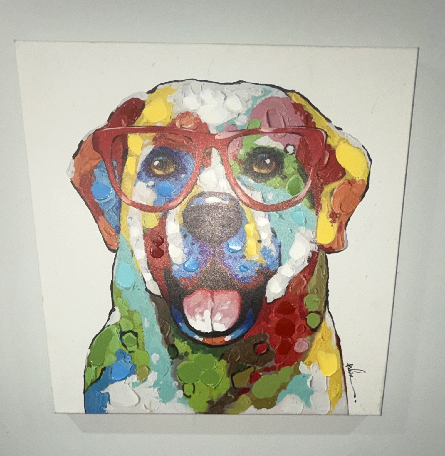 Kashir Signed Abstract Contemporary Dog Painting on Canvas, Framed Animal Art