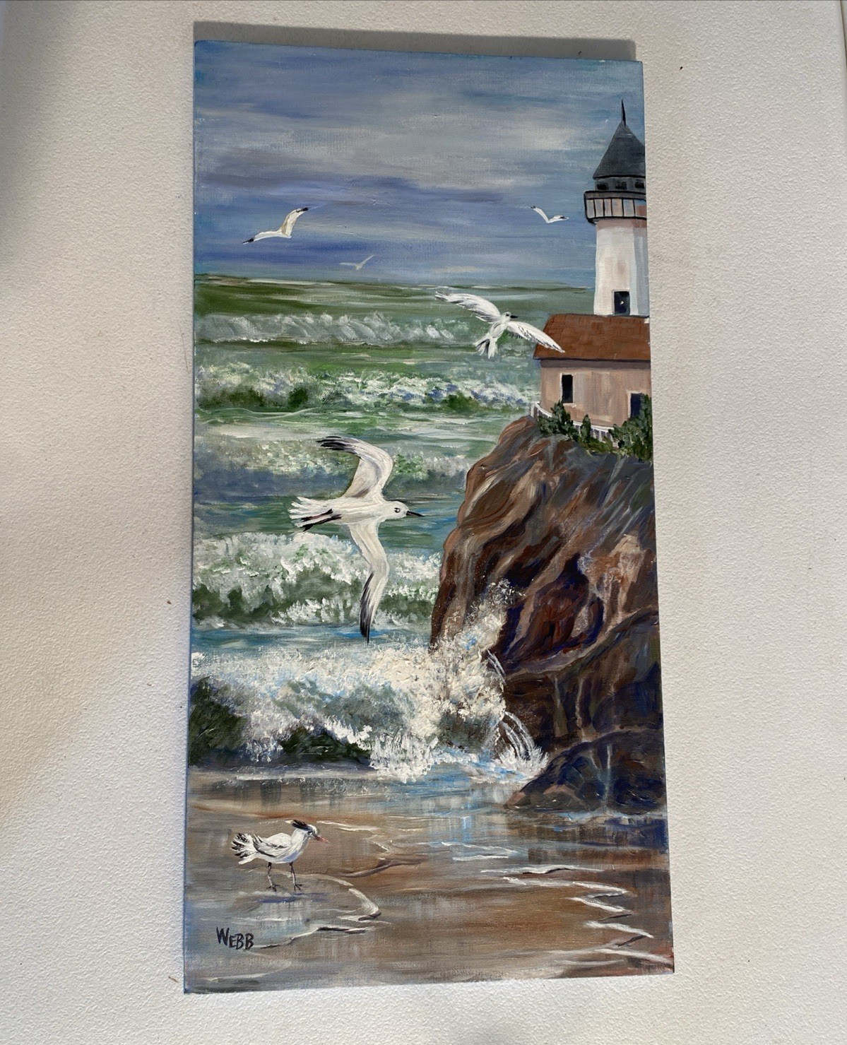 Seascape Lighthouse Acrylic Painting Signed WEBB Waves Crashing Rock Seagulls