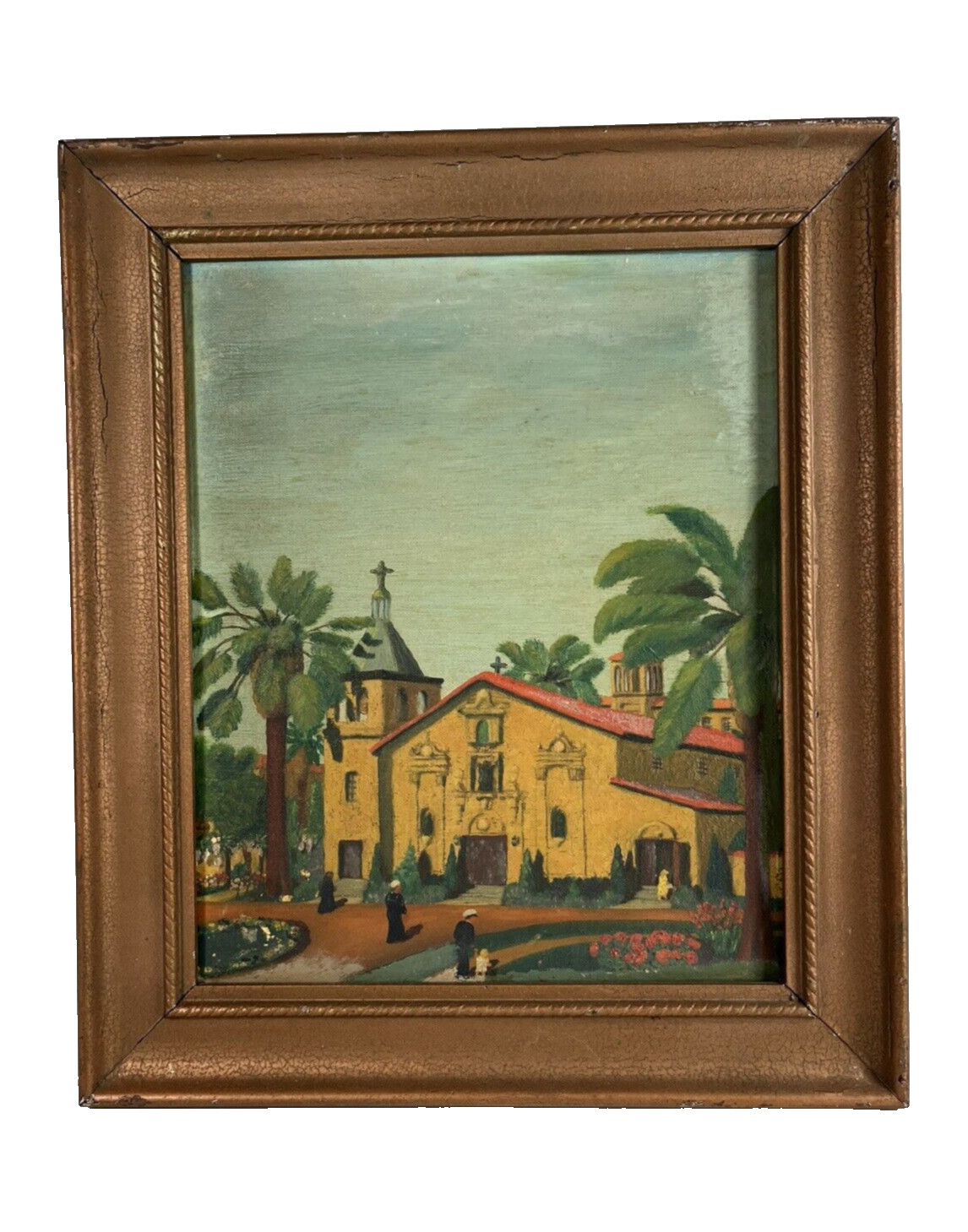 CALIFORNIA MISSION SANTA CLARA ILLUSTRATION ANTIQUE FOLK ART OIL PAINTING
