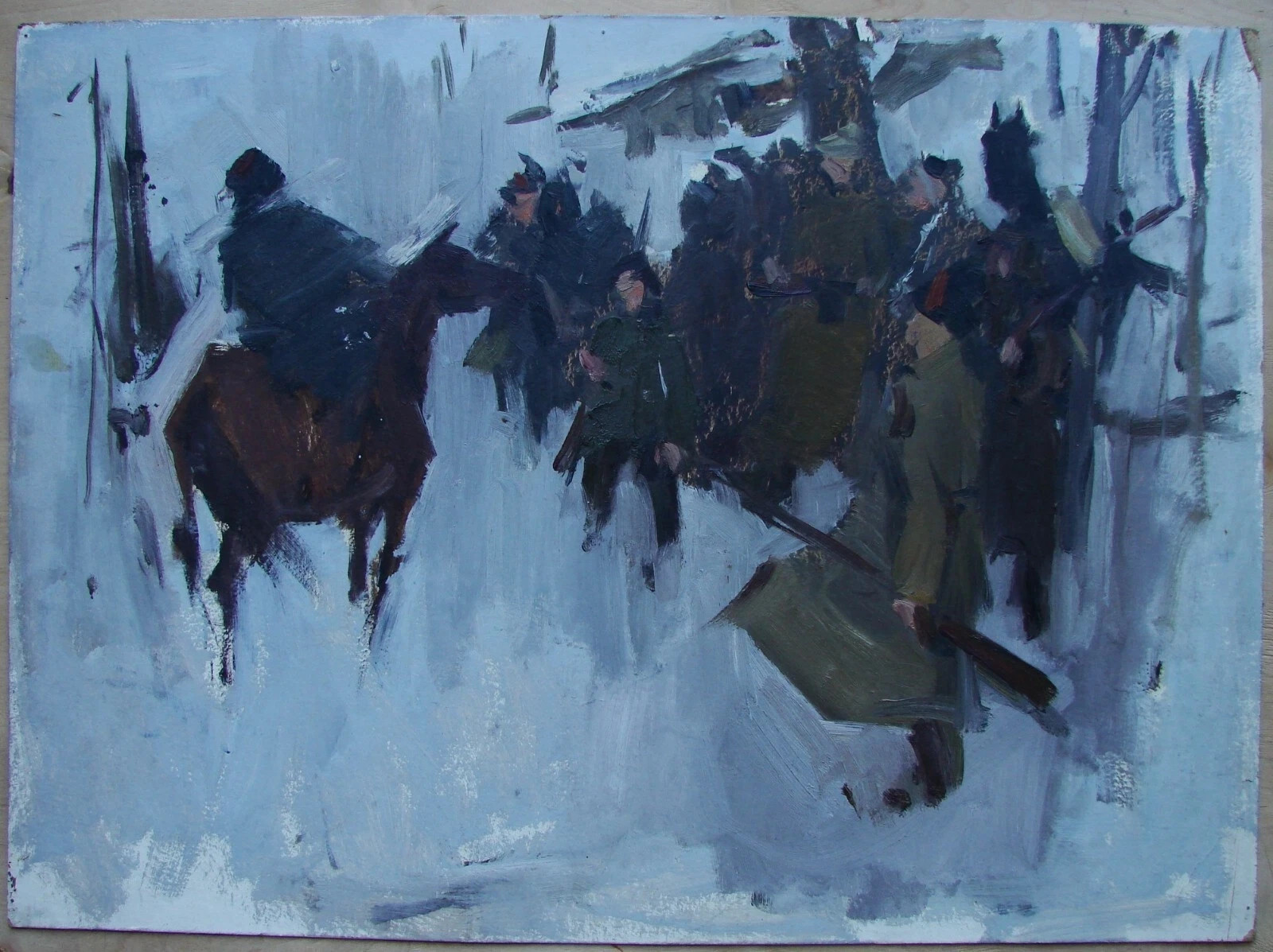 Ukrainian Soviet two Oil Paintings impressionism landscape house rider winter