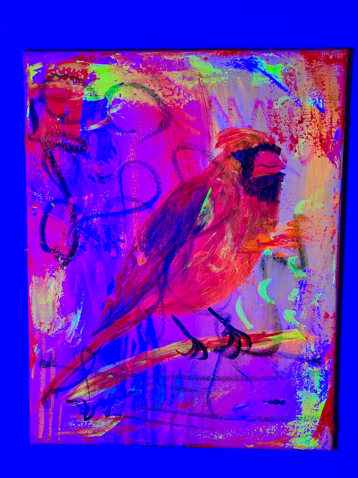 GUAJARDO Original Expressionism Neon Cardinal on Branch 14X11 Canvas Signed Art