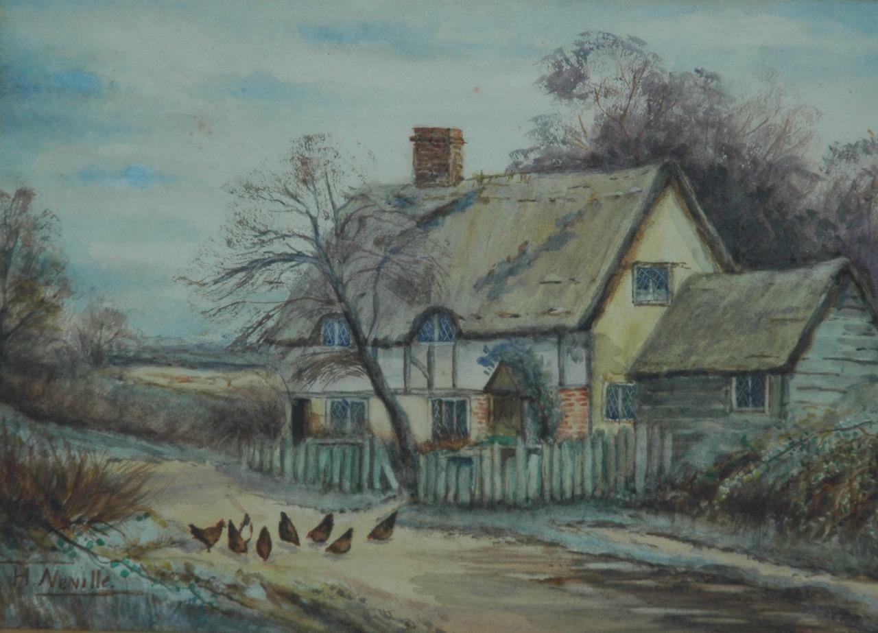 Beautiful Watercolor of A Country Cottage Scene by English Artist H. Neville