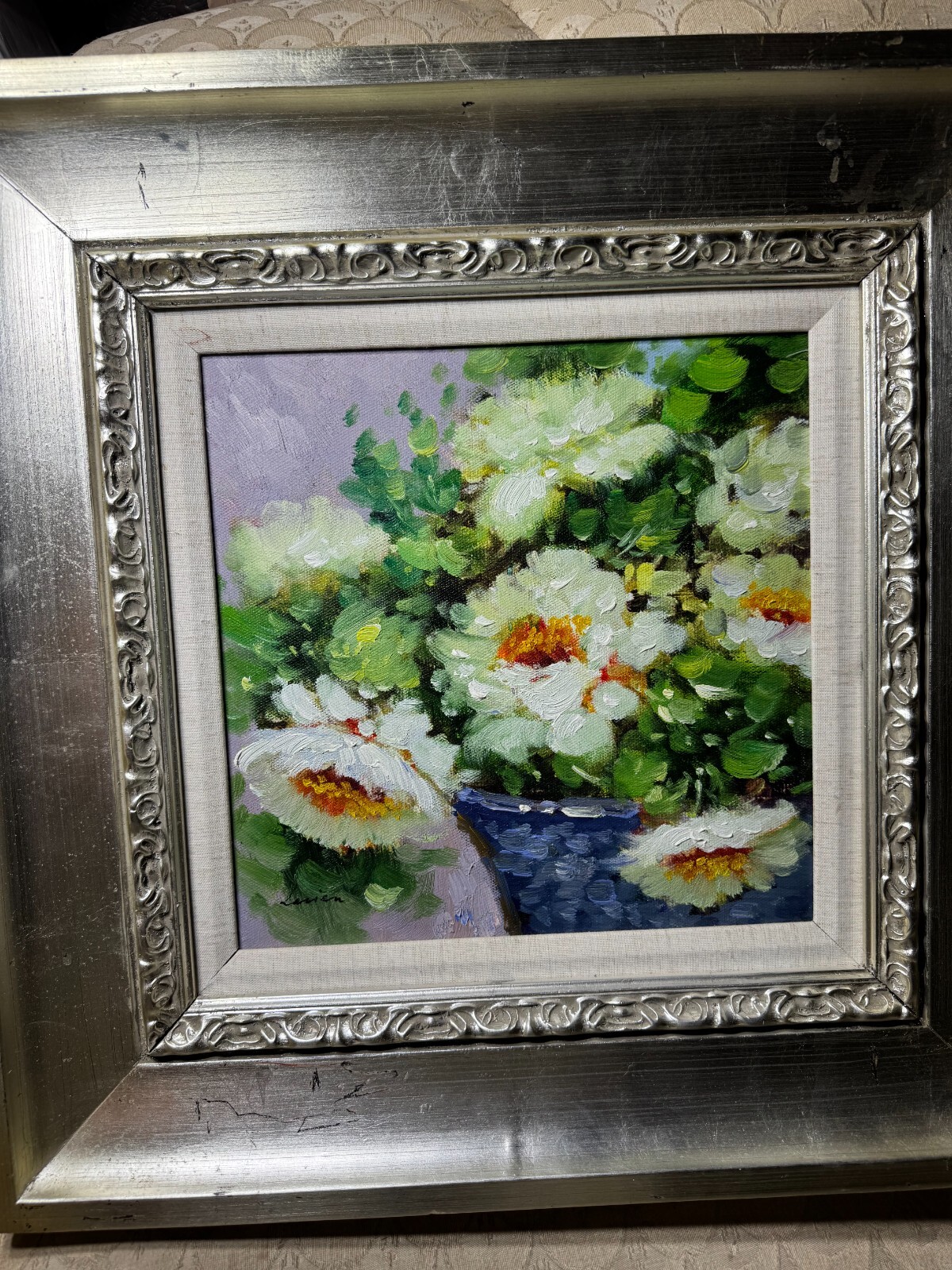 «Flowers In Blue Basket Scene» Oil On Canvas Painting – Signed And Framed