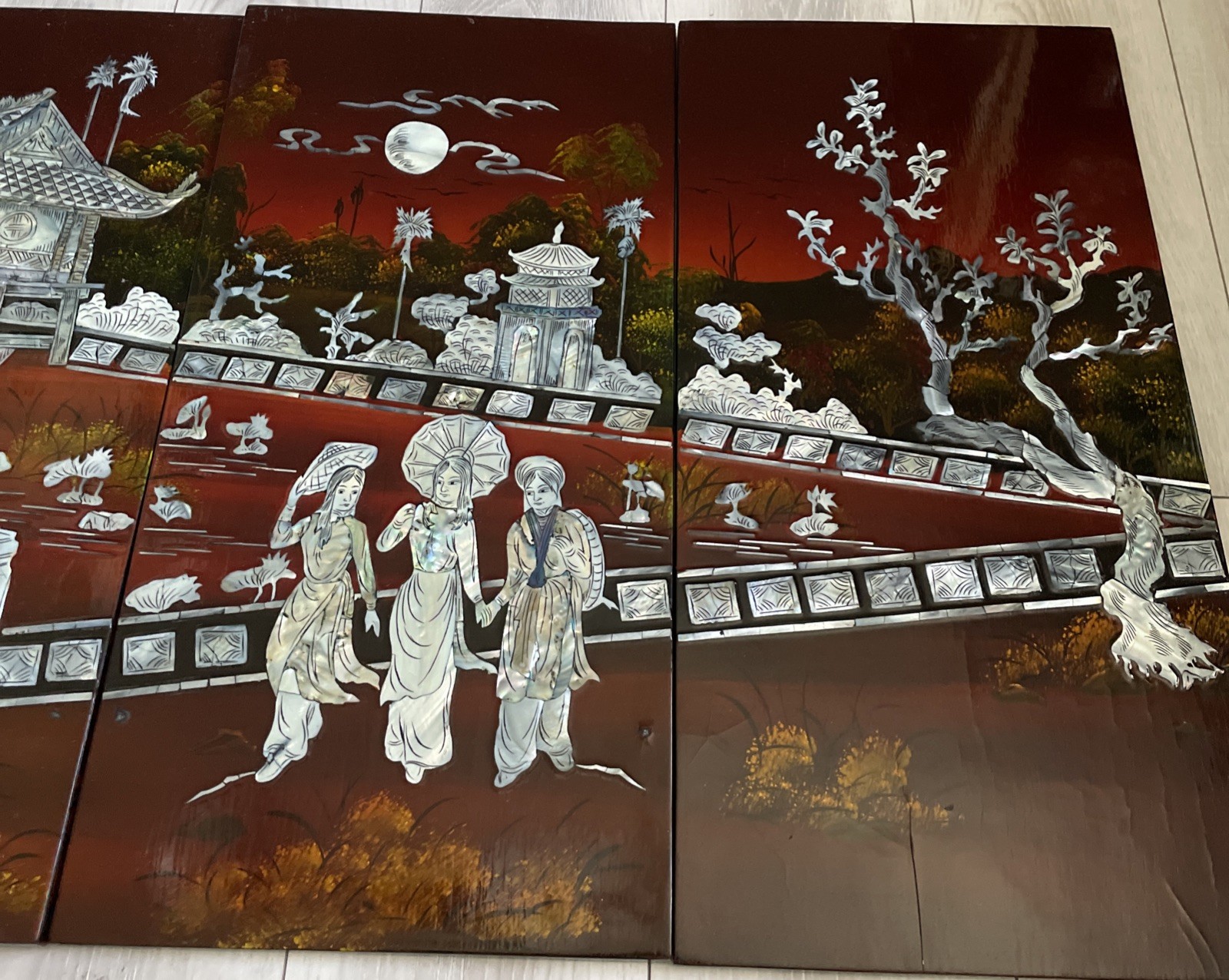 Asian Vietnamese 4 Lacquer Piece Artwork 23″HX45.6″L
