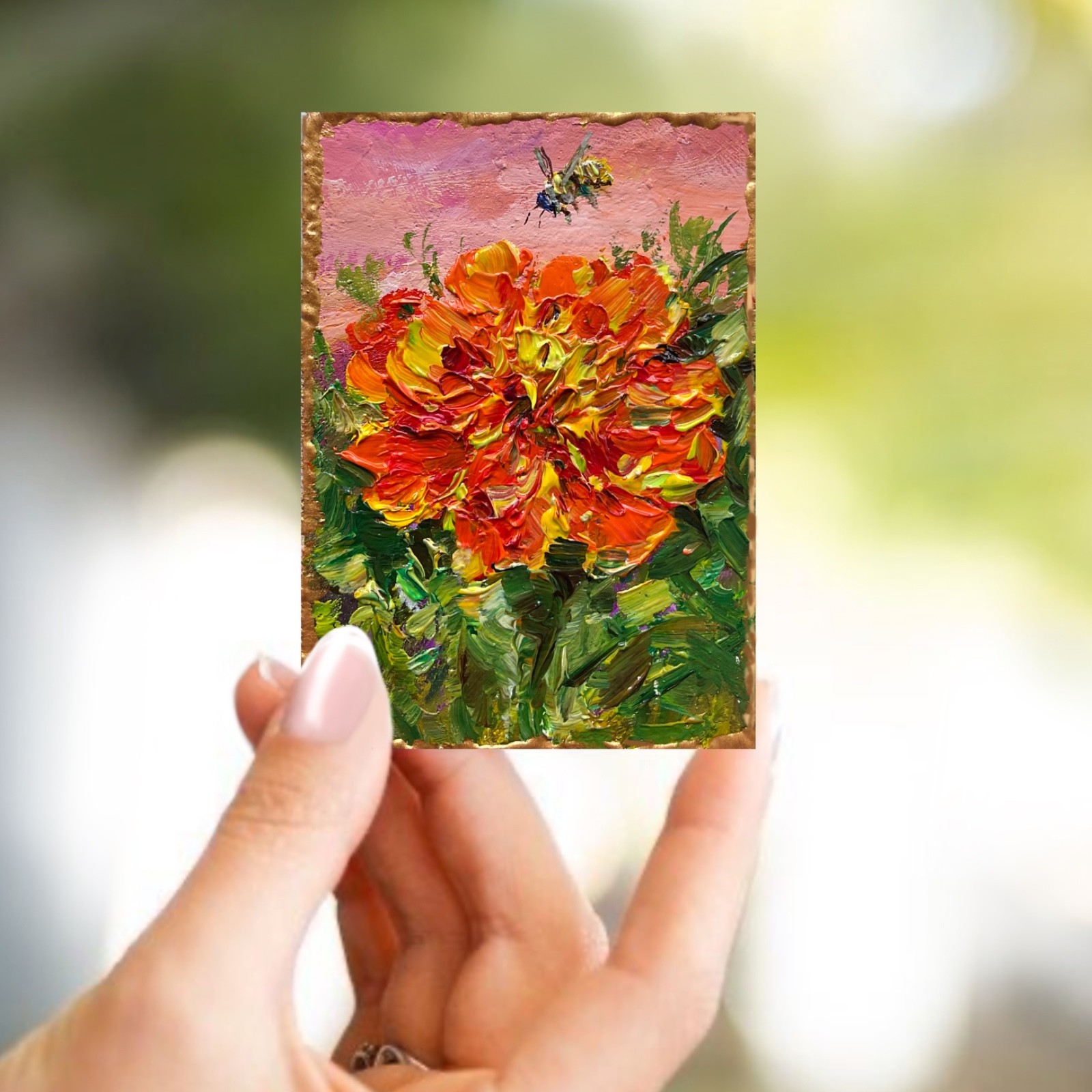 ACEO Original Marigold Oil Painting Flowers Canvas 3.5×2.5in Collectible Art OS
