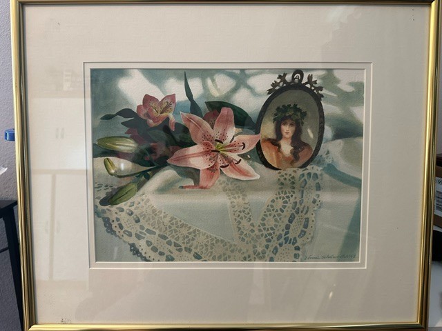 Original Vonnie Whitworth Watercolor (1992) – «Pink Lilly and Lace» Signed W/COA