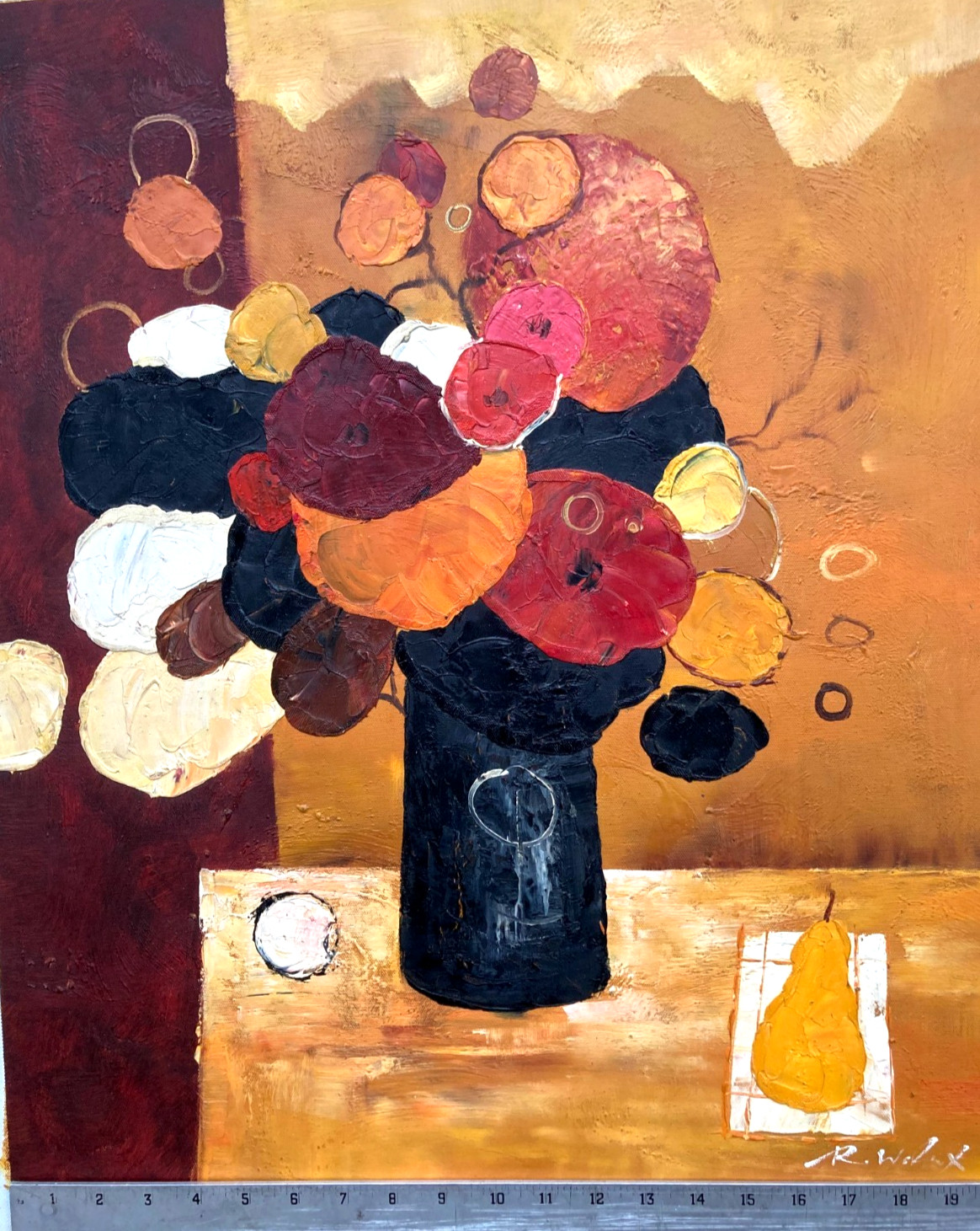 Original Oil Painting – «Flowers in a Vase and One Pear»