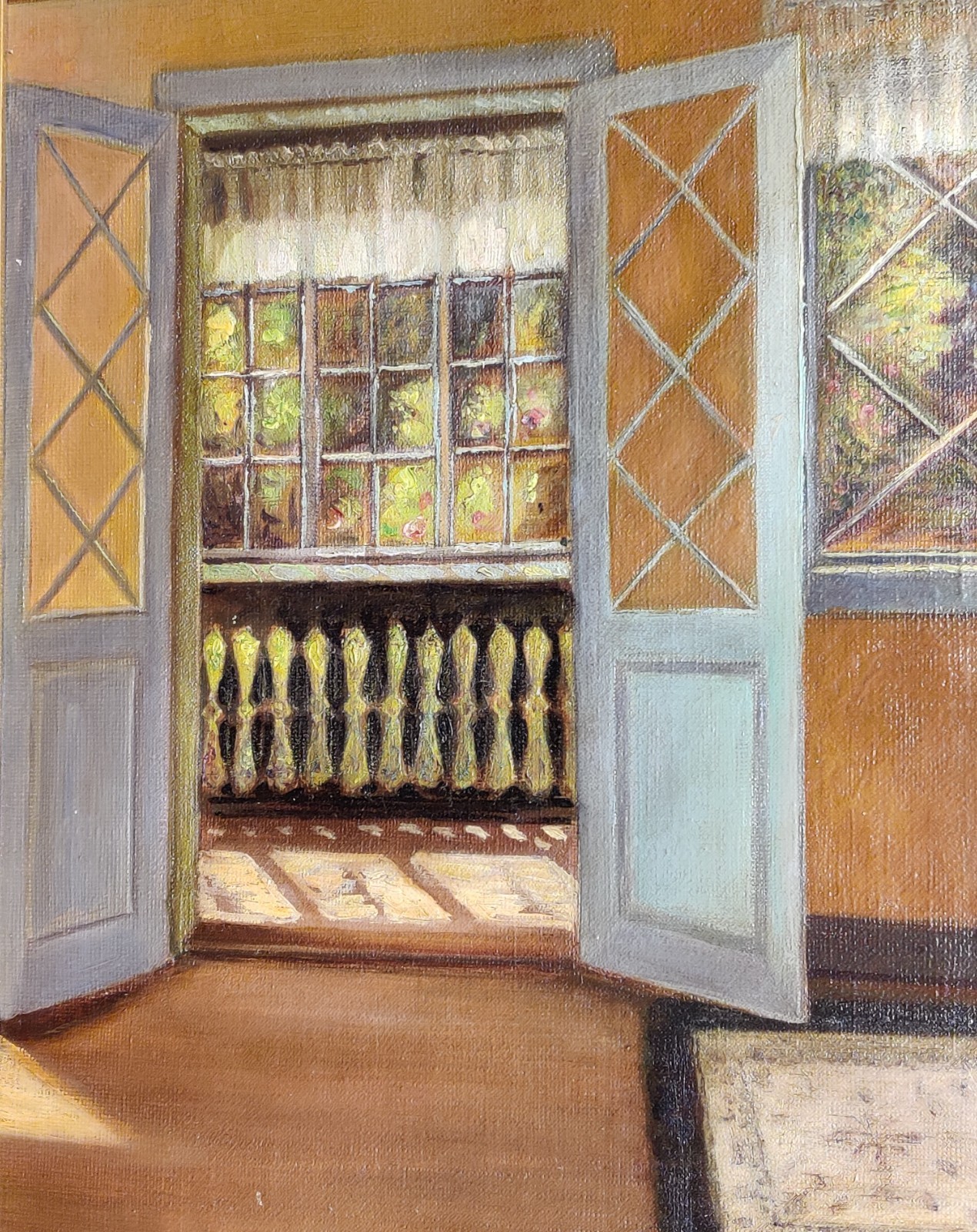 COSY INTERIOR WITH SUNLIT VERANDA, antique oil painting, dated 1904
