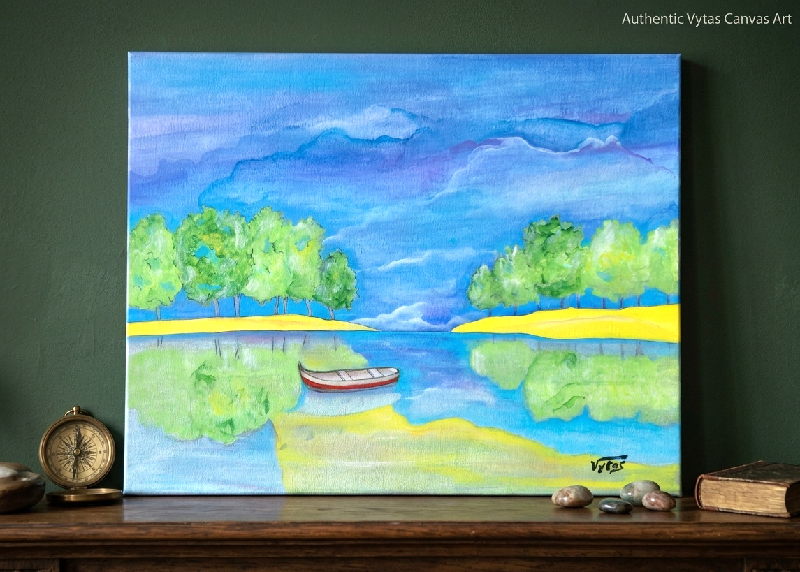 Lazy Lake Day Original Acrylic Painting Canvas Signed P Vytas 16×20 Artwork