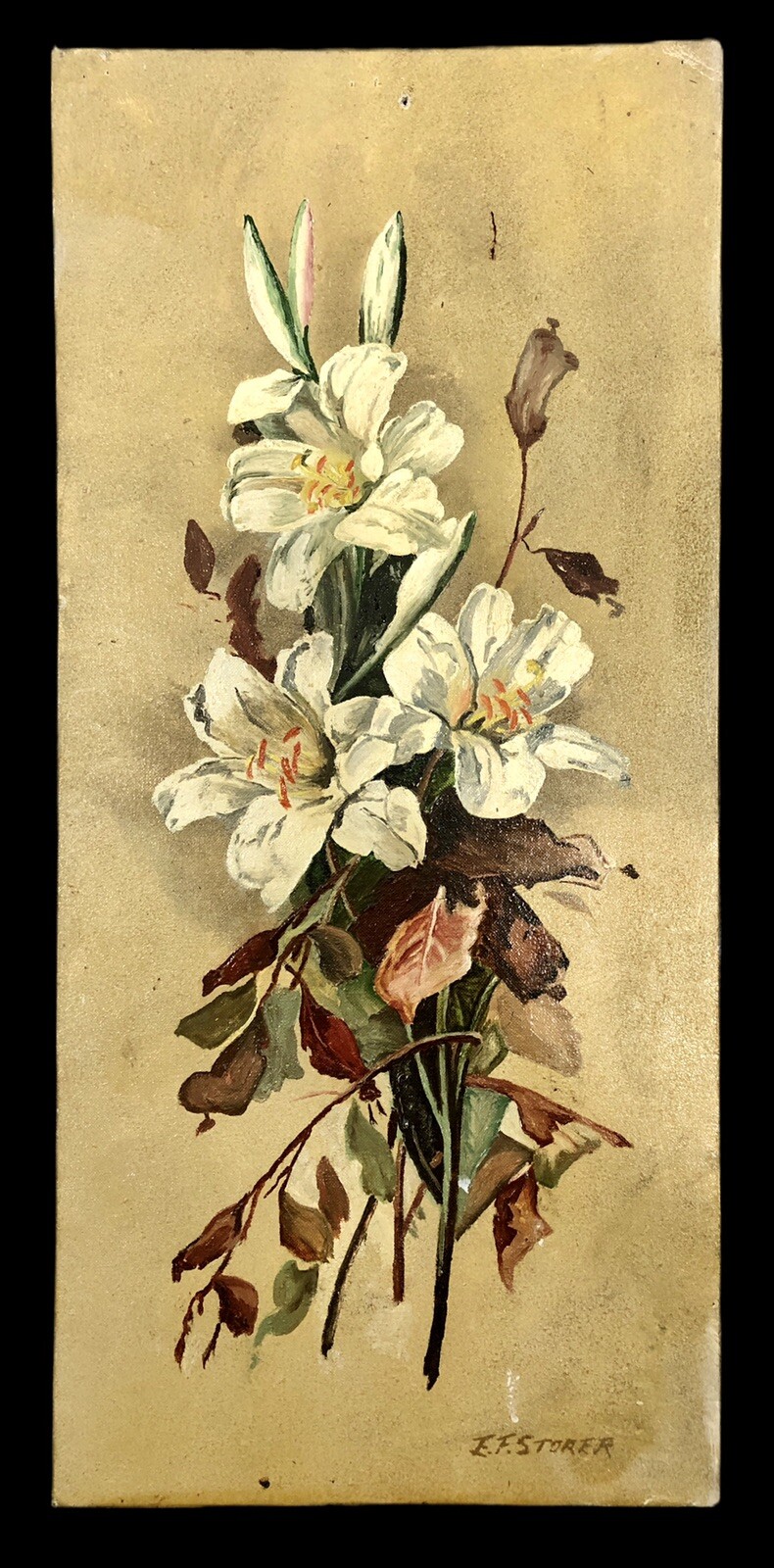 Vintage Still Life Painting Bouquet Of White Lilies Canvas Board Signed 11 X 24