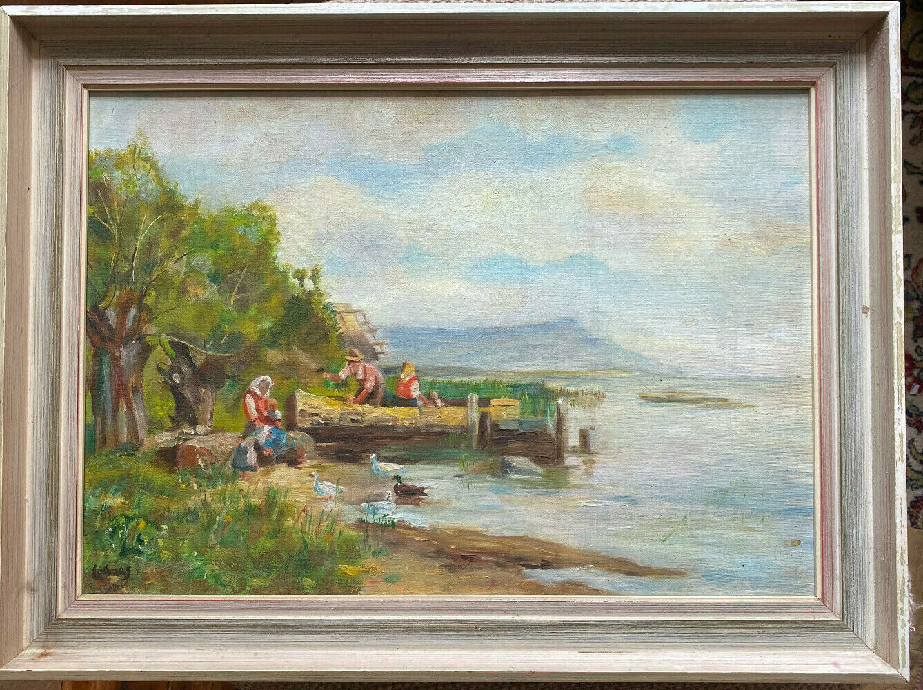 FISCHER CHIEMSEE ? UFER BOATS Oil Painting Signed Frame Antique Trees Shore Oil