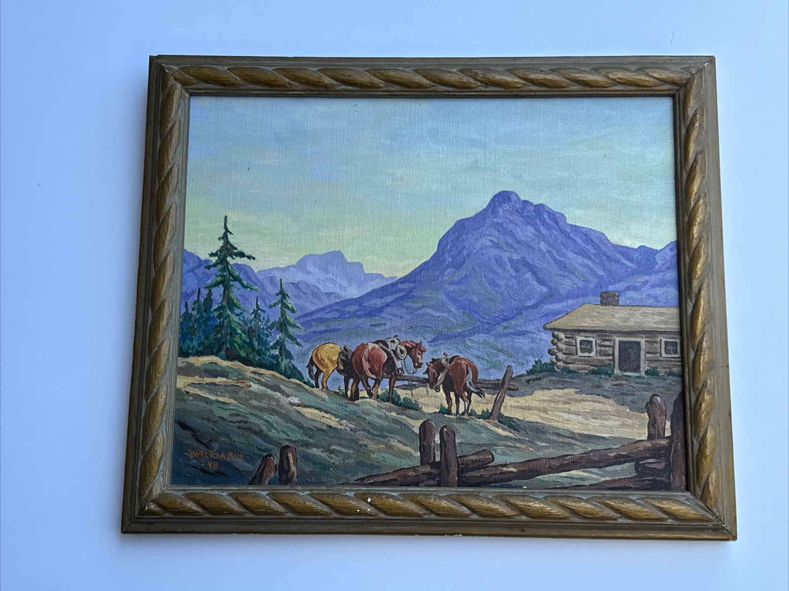 WALT LARUE PAINTING WESTERN LANDSCAPE COWBOY HORSE FAMOUS ANTIQUE FRAME