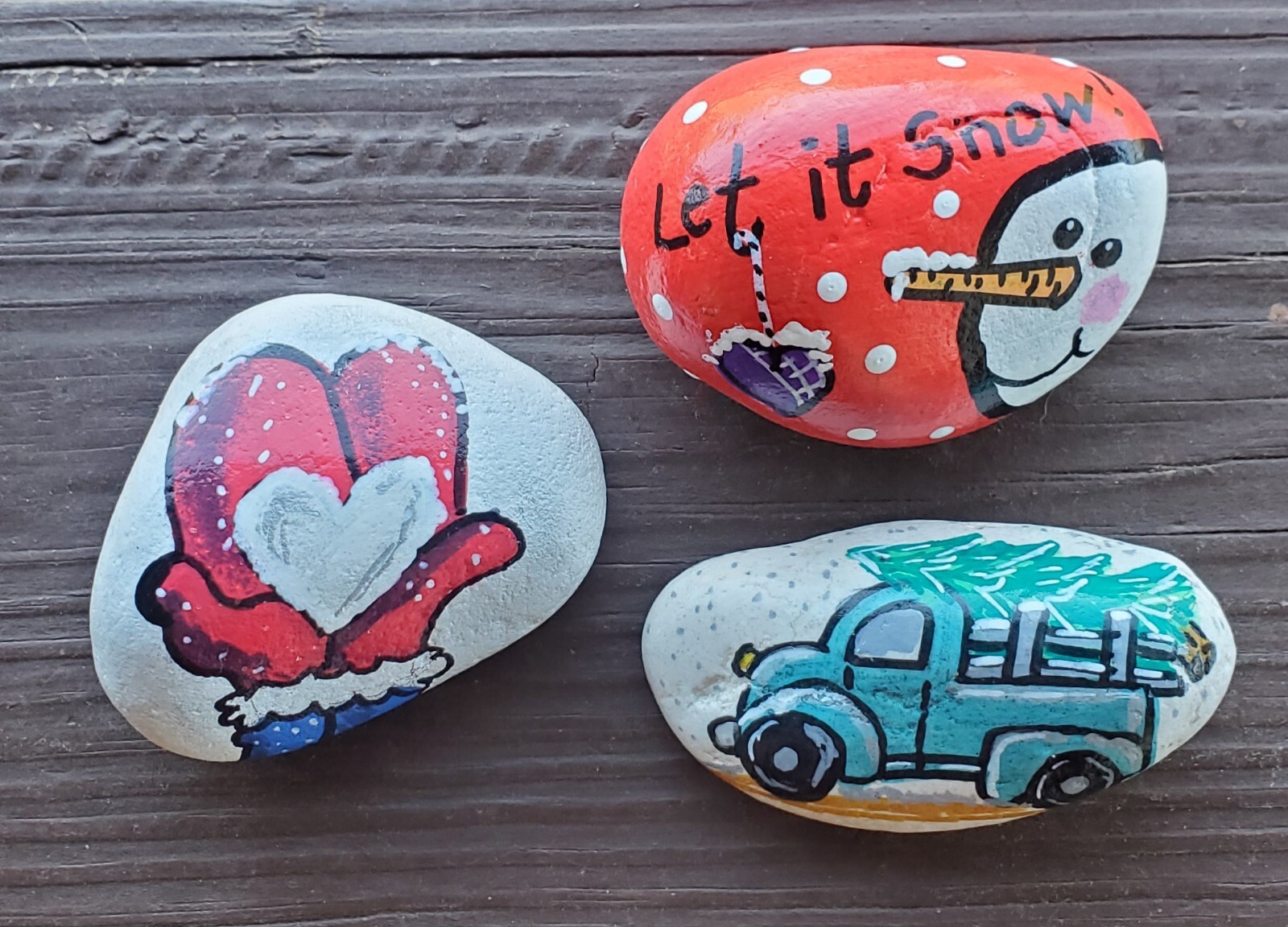 3 Hand Painted Rocks Happy Snowman Winter Holiday Stone Art Gift fun