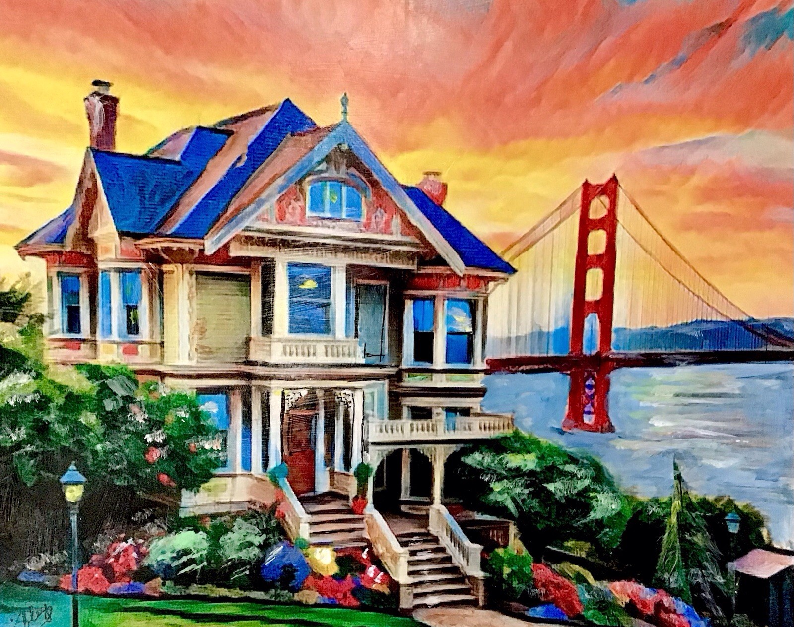 Original Painting San Francisco Victorian House Golden Gate Bridge 8×10