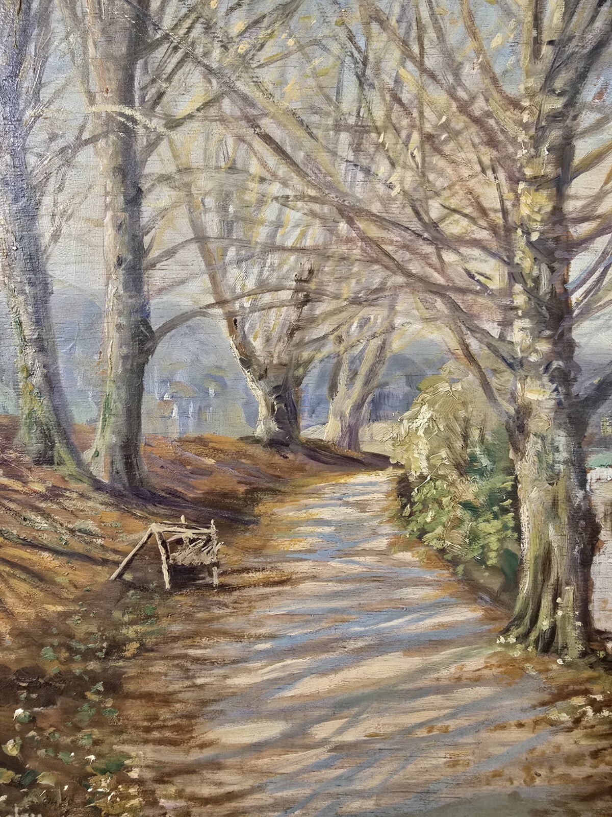 Early 20th Century Danish Oil Painting Landscape On Board Path Bare Trees Lake