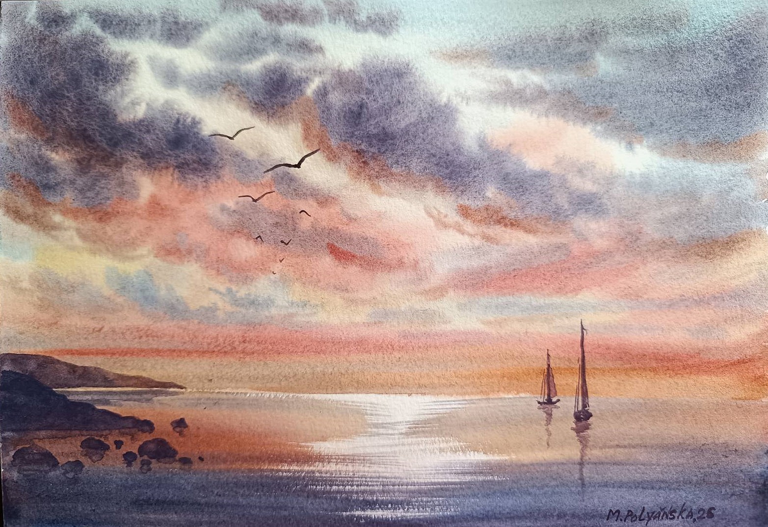 BIRDS CLOUDS SKY BOAT Original Artwork Painting Landscape Arts Seascape Gift A4