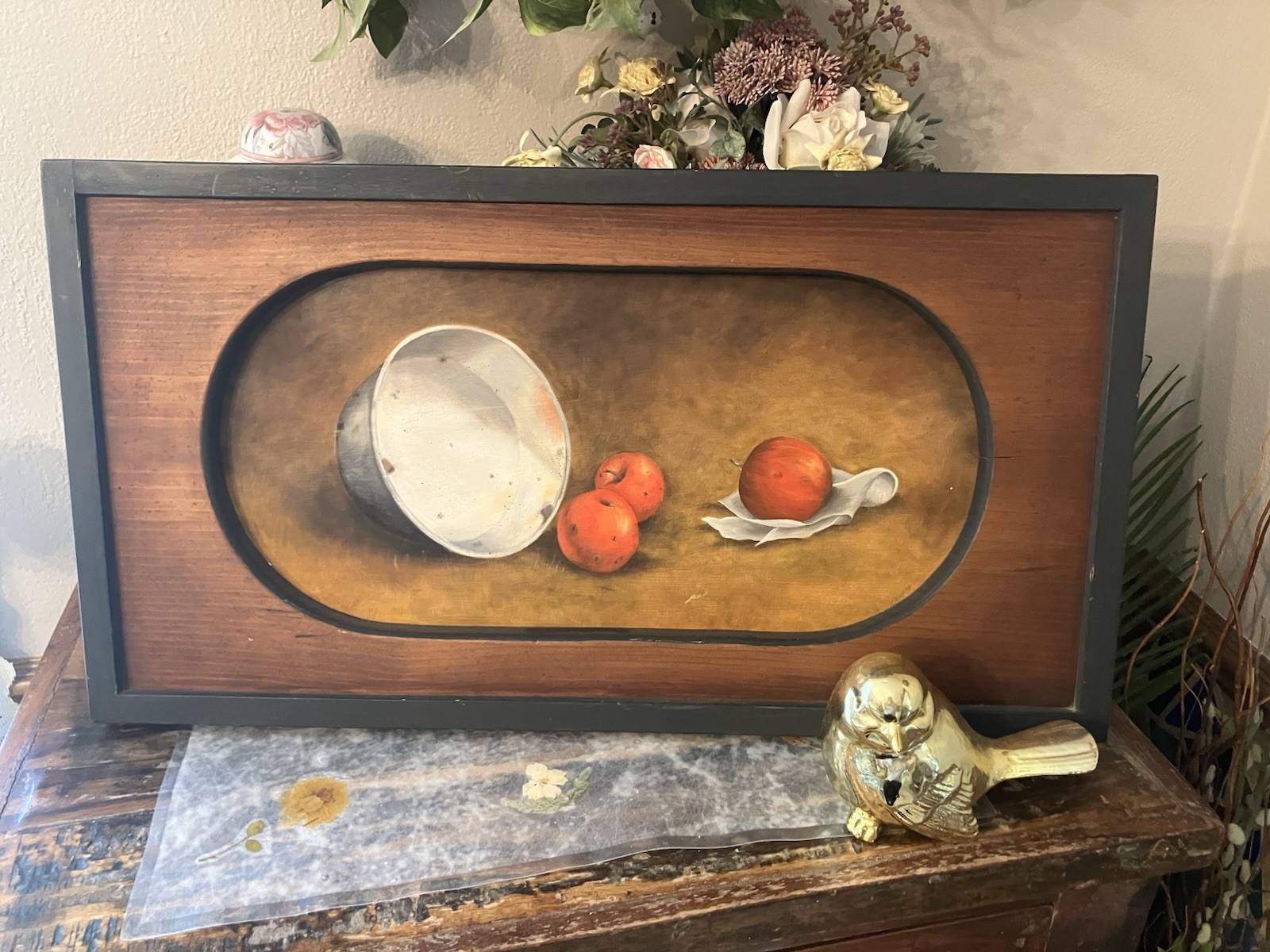 Vintage Signed original Fruit Apple still life painting Cottagecore Wood Rustic