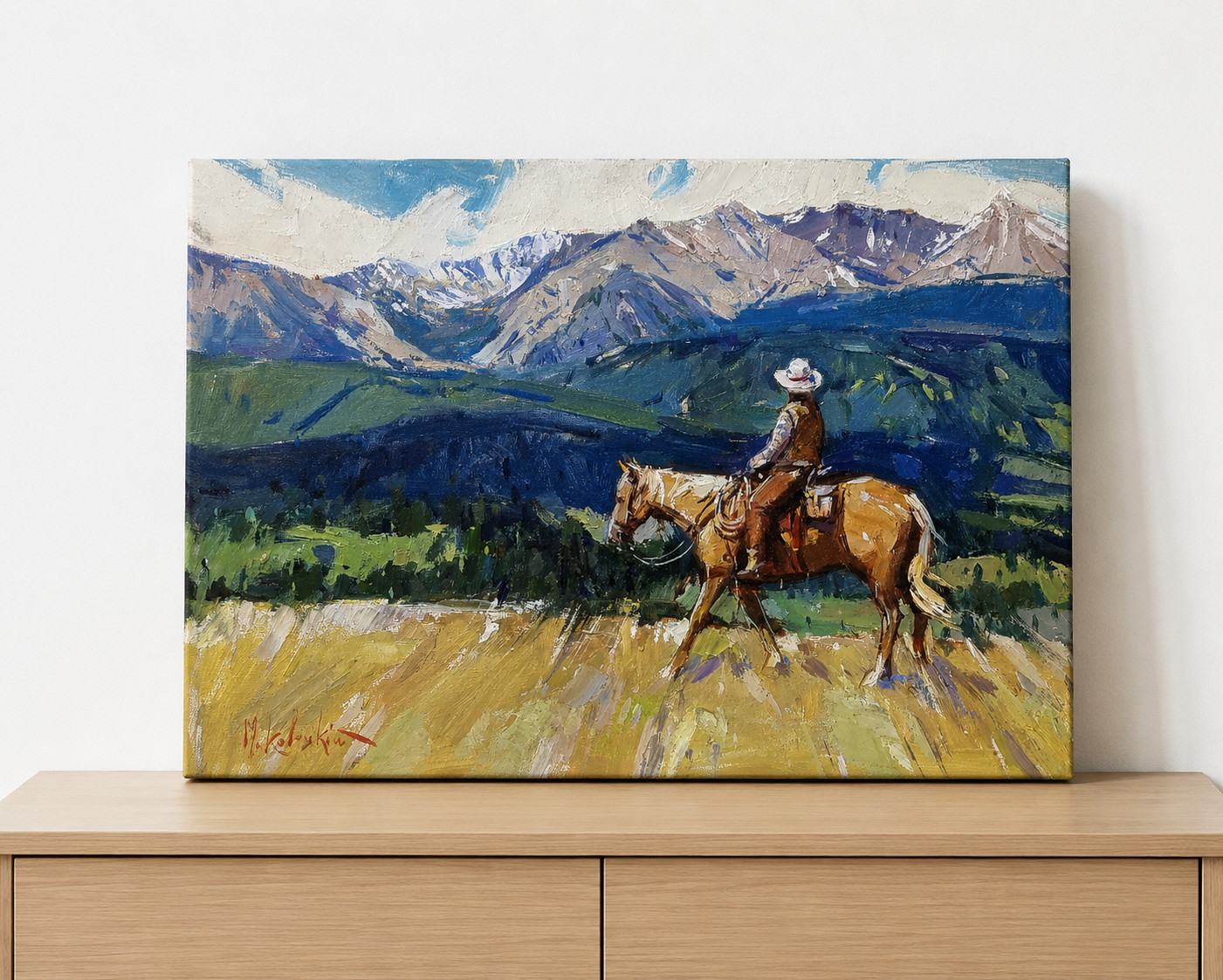 Western Cowboy Horse Oil Painting Mountain Landscape Ranch Decor Signed COA