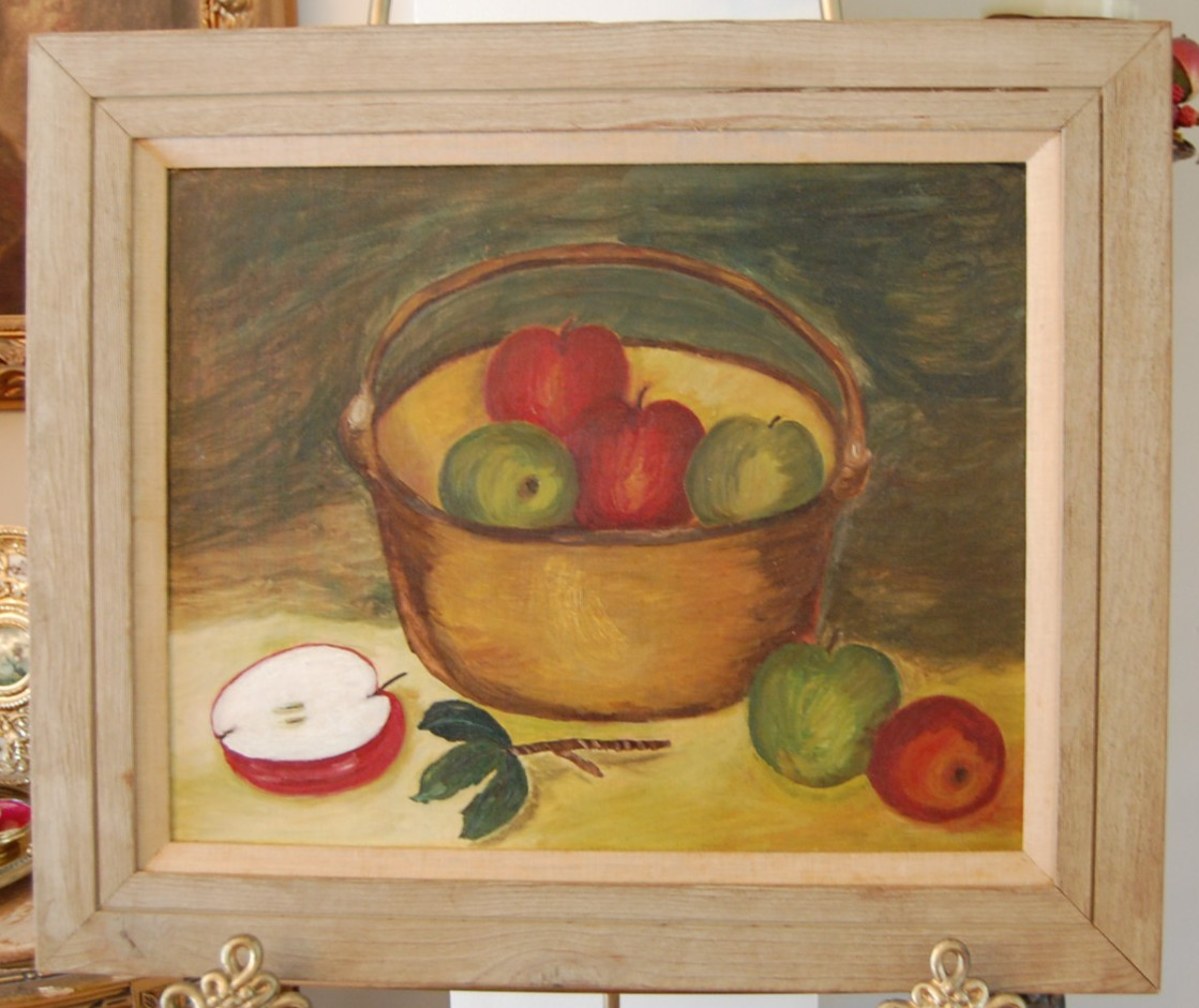 VTG 1950’S MCM FRAMED ORIGINAL PRIMITIVE FOLK ART OIL APPLES & POT A STILL LIFE
